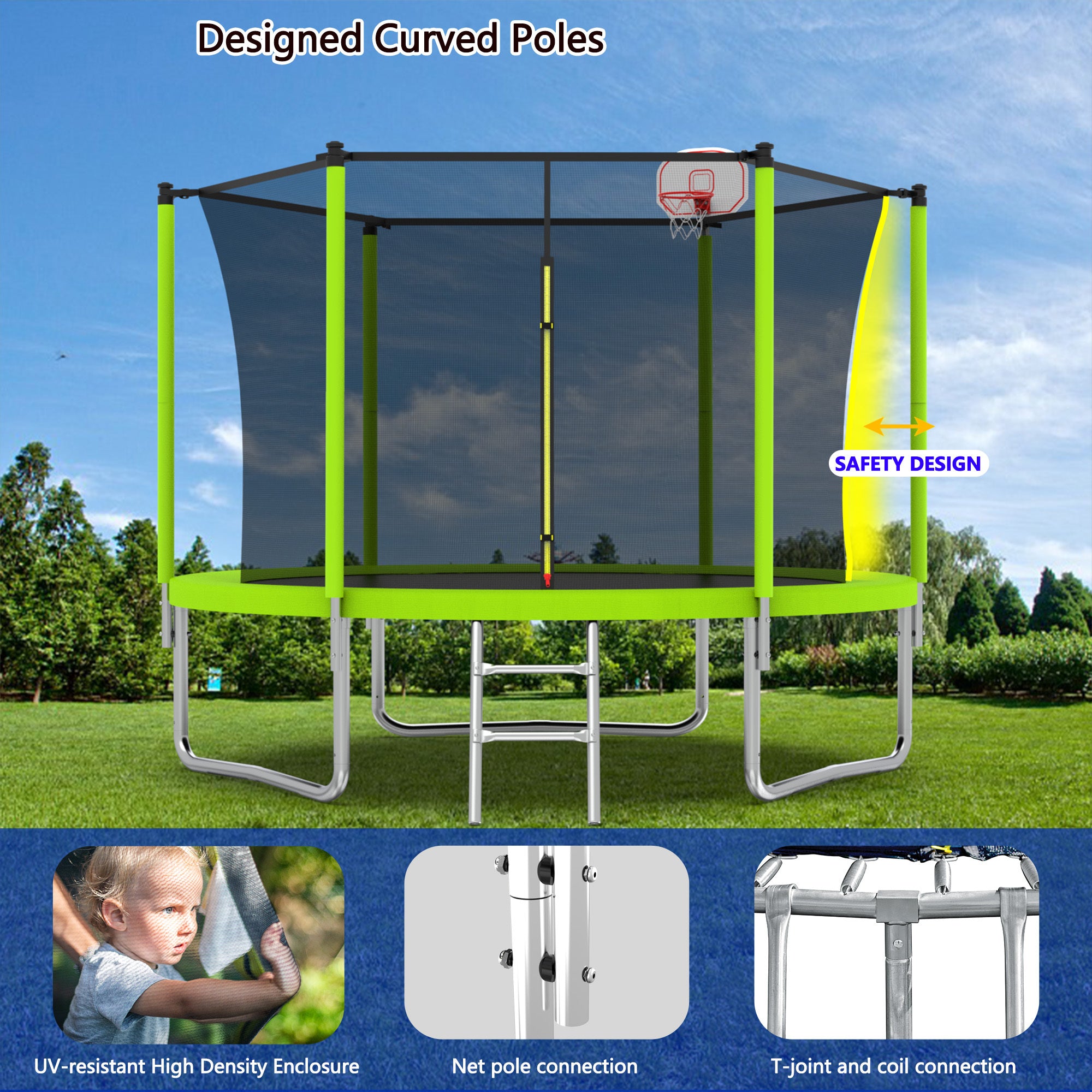 10FT Trampoline for Kids,  Basketball Hoop and Ladder, Outdoor Kids Trampoline with Safety Enclosure,Fast Assembly for Backyard Fun,ASTM Approved