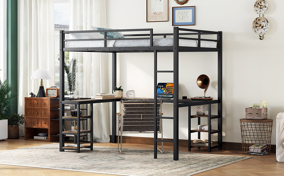 Full Metal Loft Bed with Desk and Shelves, Loft Bed with Ladder and Guardrails, Loft Bed Frame for Bedroom, Black with Vintage Wood-colored desk