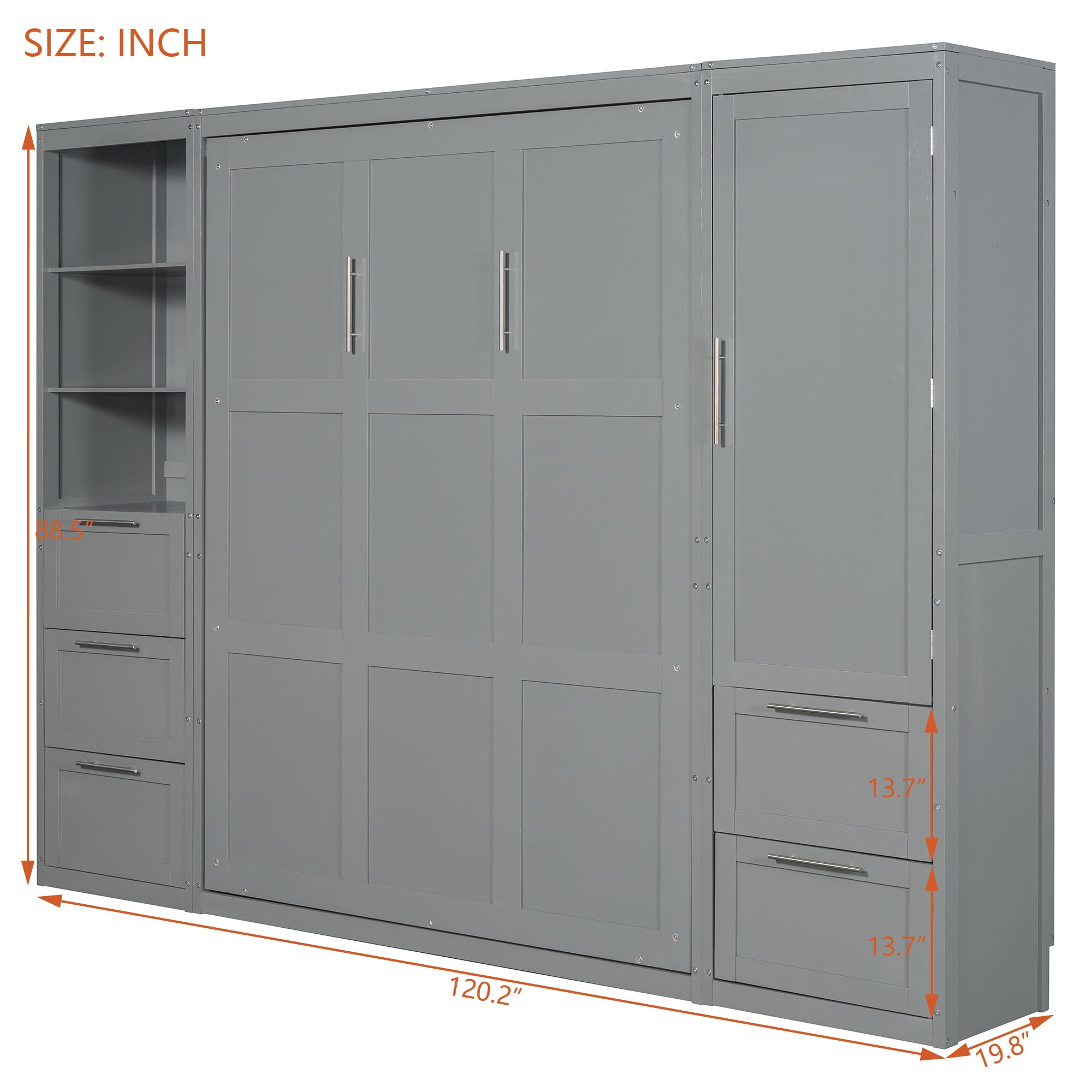 Queen Size Murphy Bed Wall Bed with Closet ,Drawers and Shelves,Gray