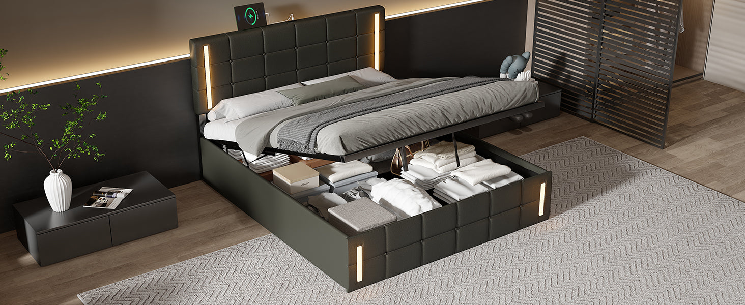 Queen Size Upholstered Bed with LED Lights,Hydraulic Storage System and USB Charging Station,Black