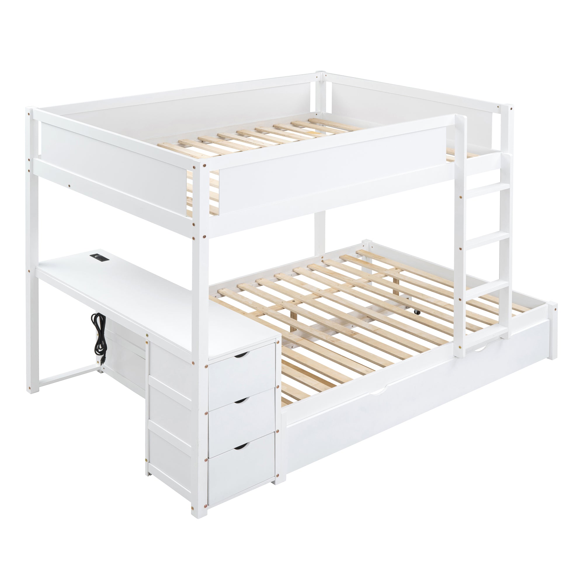 Full-Over-Full Bunk Bed with Twin size Trundle, Storage and Desk, White