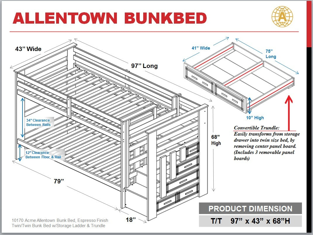 ACME Allentown Bunk Bed (T/T) w/Trundle, Espresso 10170W