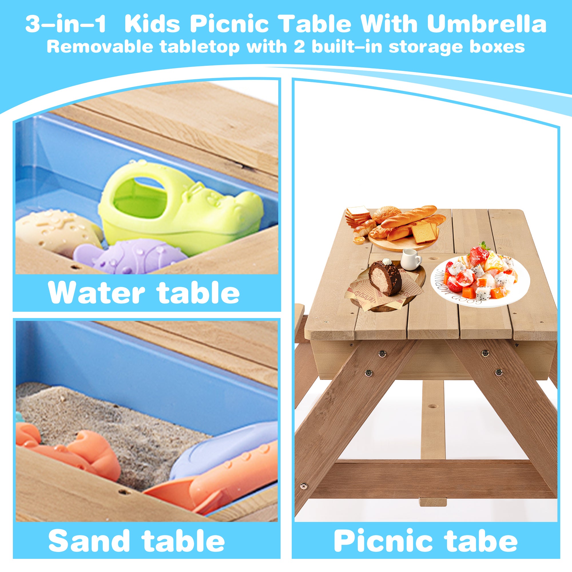 3-in-1 Kids Outdoor Wooden Picnic Table With Umbrella, Convertible Sand & Wate, Gray ASTM & CPSIA CERTIFICATION