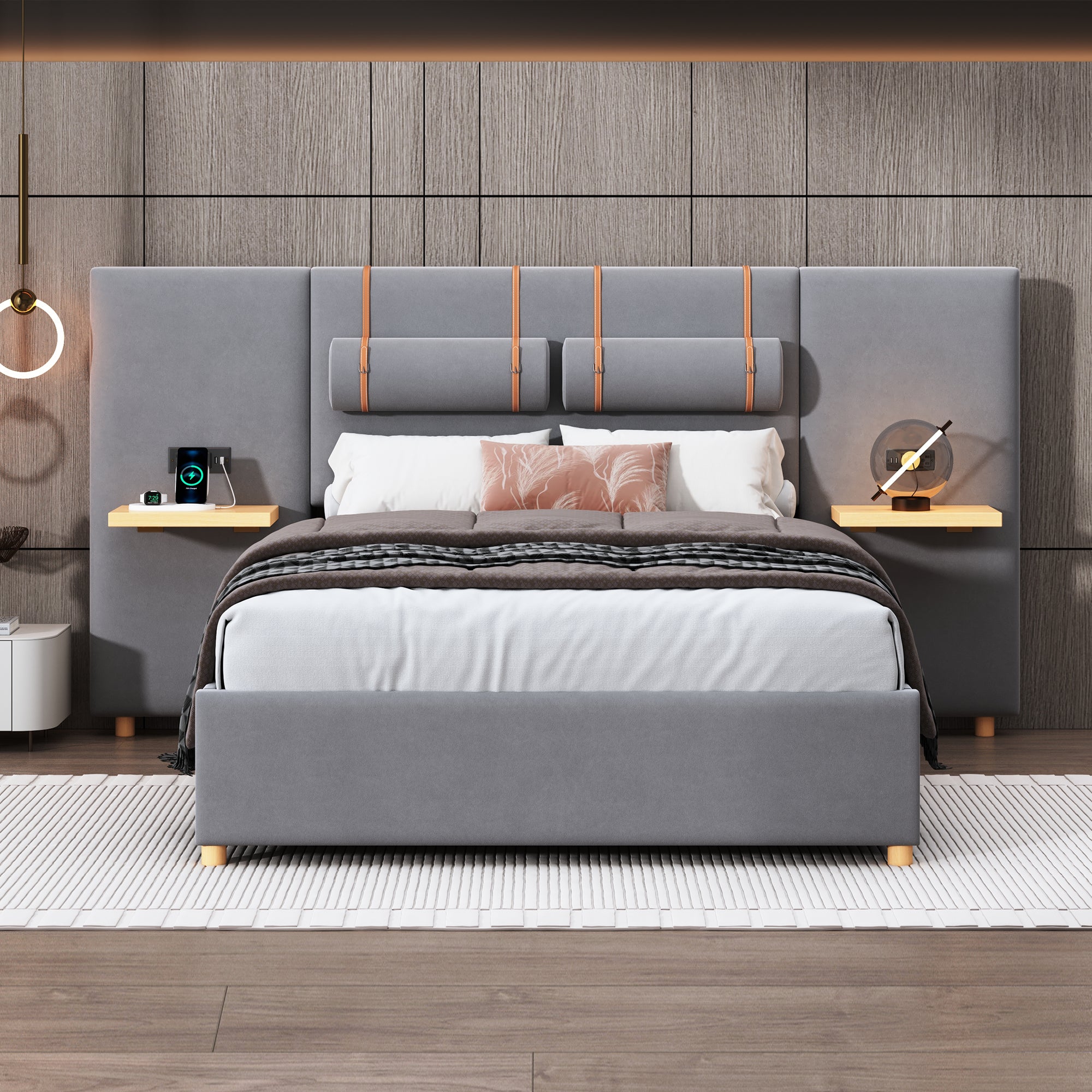 Full size upholstered platform bed with two outlets and USB charging ports on both sides, two bedside pillows, storage shelf, Velvet,Gray