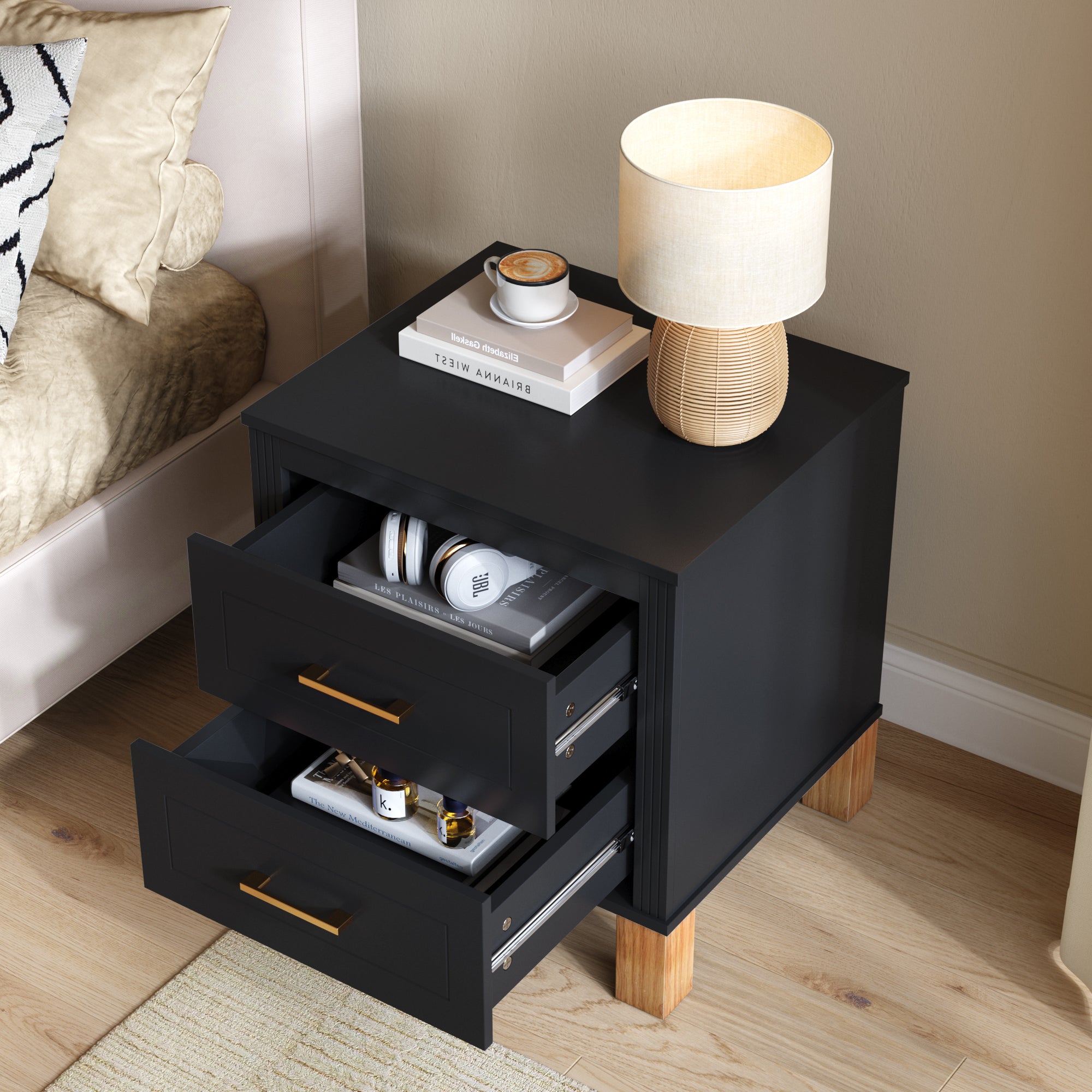 Black fluted bedside table with solid wood legs, side detail