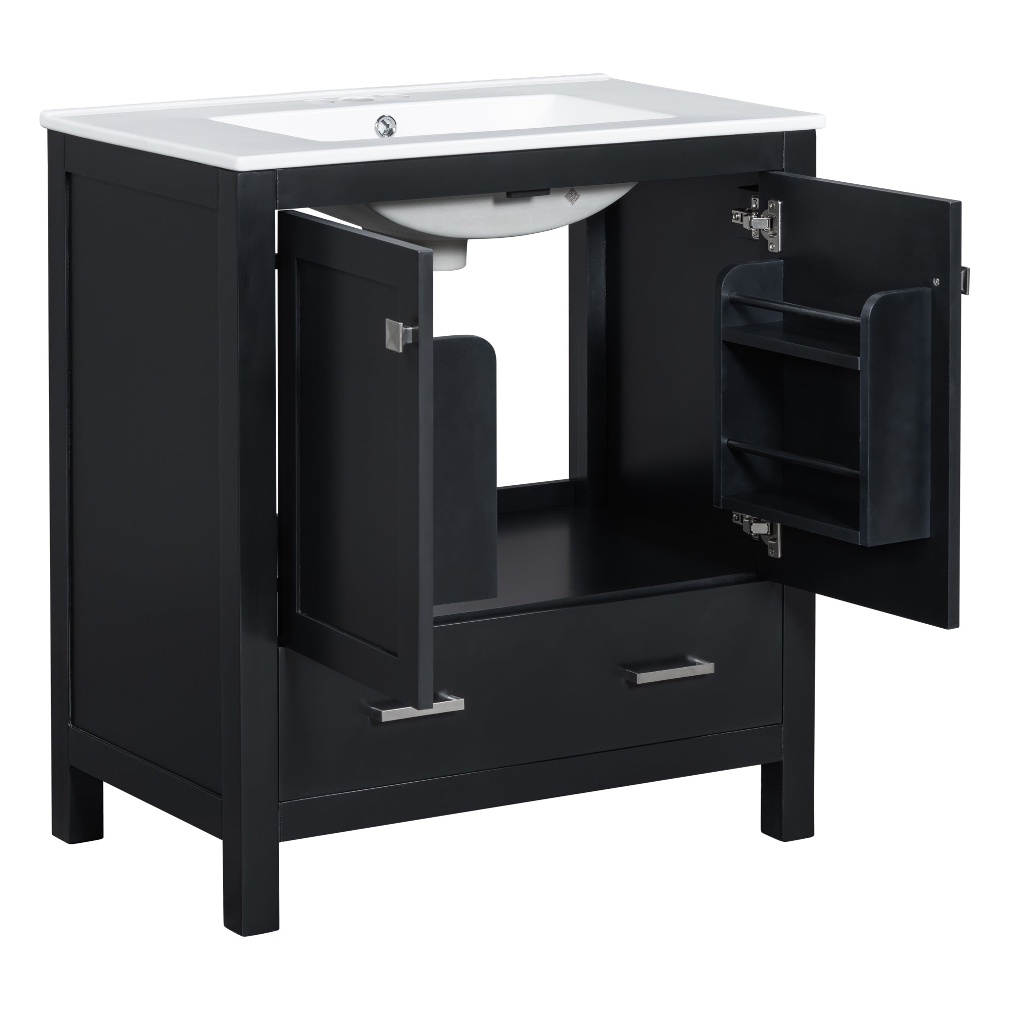 30" Black Bathroom Vanity with Single Sink, Combo Cabinet Undermount Sink, Bathroom Storage Cabinet with 2 Doors and a Drawer, Soft Closing, Multifunctional Storage, Solid Wood Frame