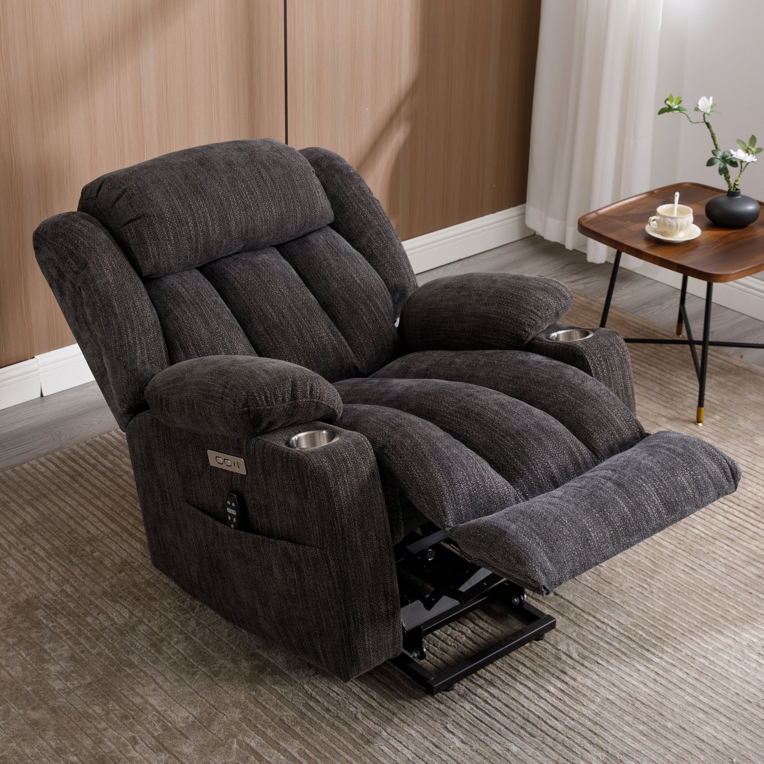 Up to 350 LBS Chenille Power Lift Recliner Chair, Heavy Duty Motion Mechanism with 8-Point Vibration Massage and Lumbar Heating, USB and Type-C Ports, Stainless Steel Cup Holders, Grey