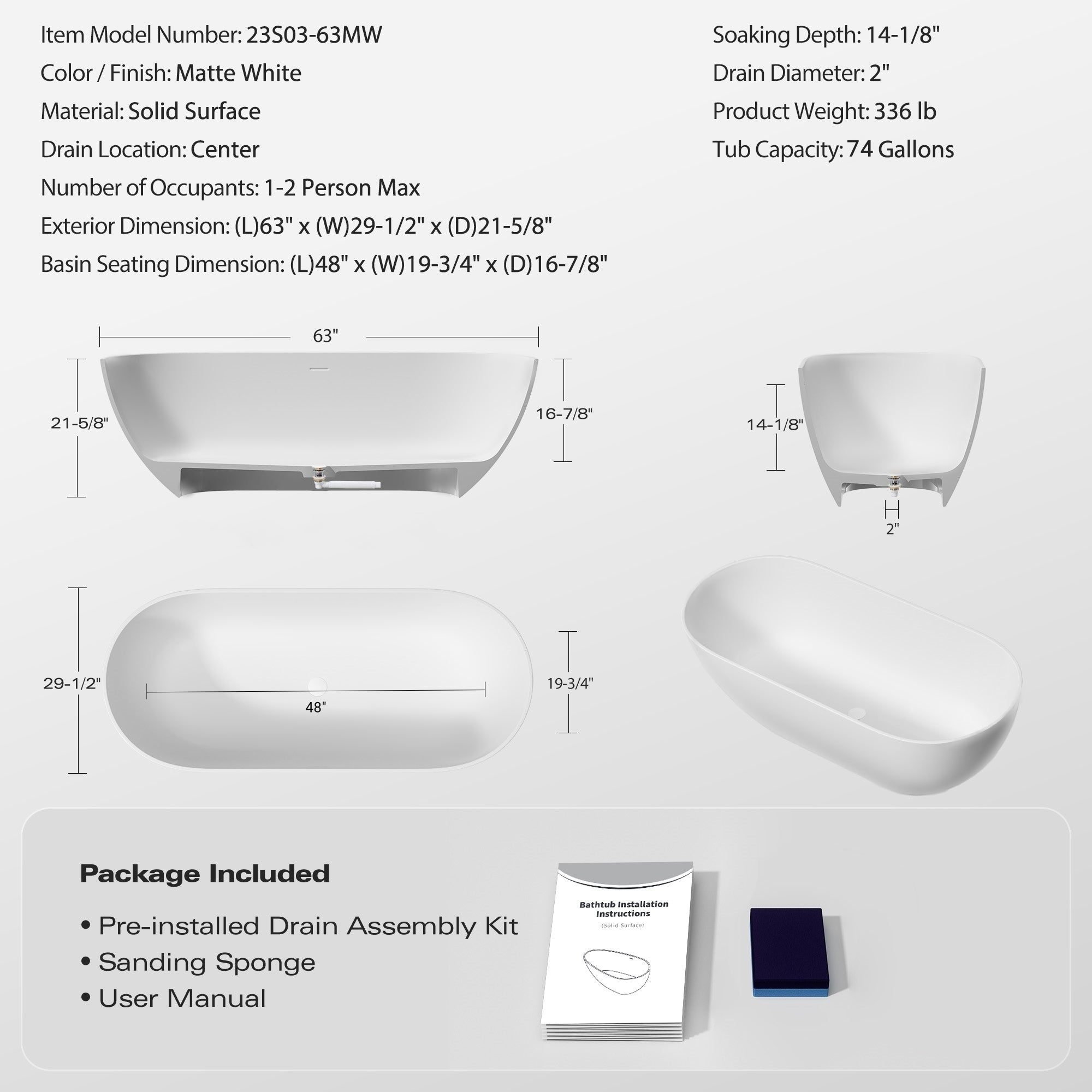 63" Freestanding Solid Surface Bathtub, Luxury Engineered Stone Resin Freestanding Soaking Bathtub with Overflow and Pop-up Drain for Contemporary Bathroom, Matte White 23S03-63MW