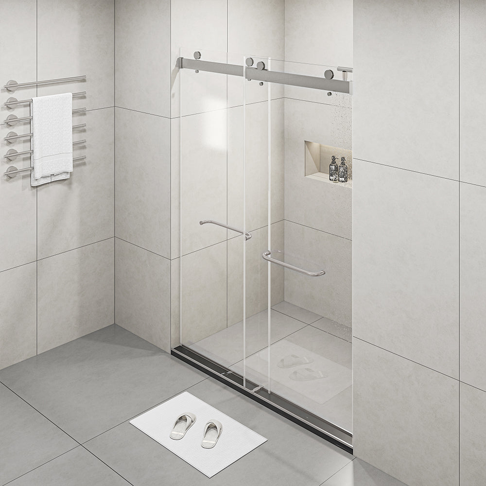 Frameless Sliding Glass Shower Doors 60"W x 76"H with 3/8"(10mm) Clear Tempered Glass, Brushed Nickel