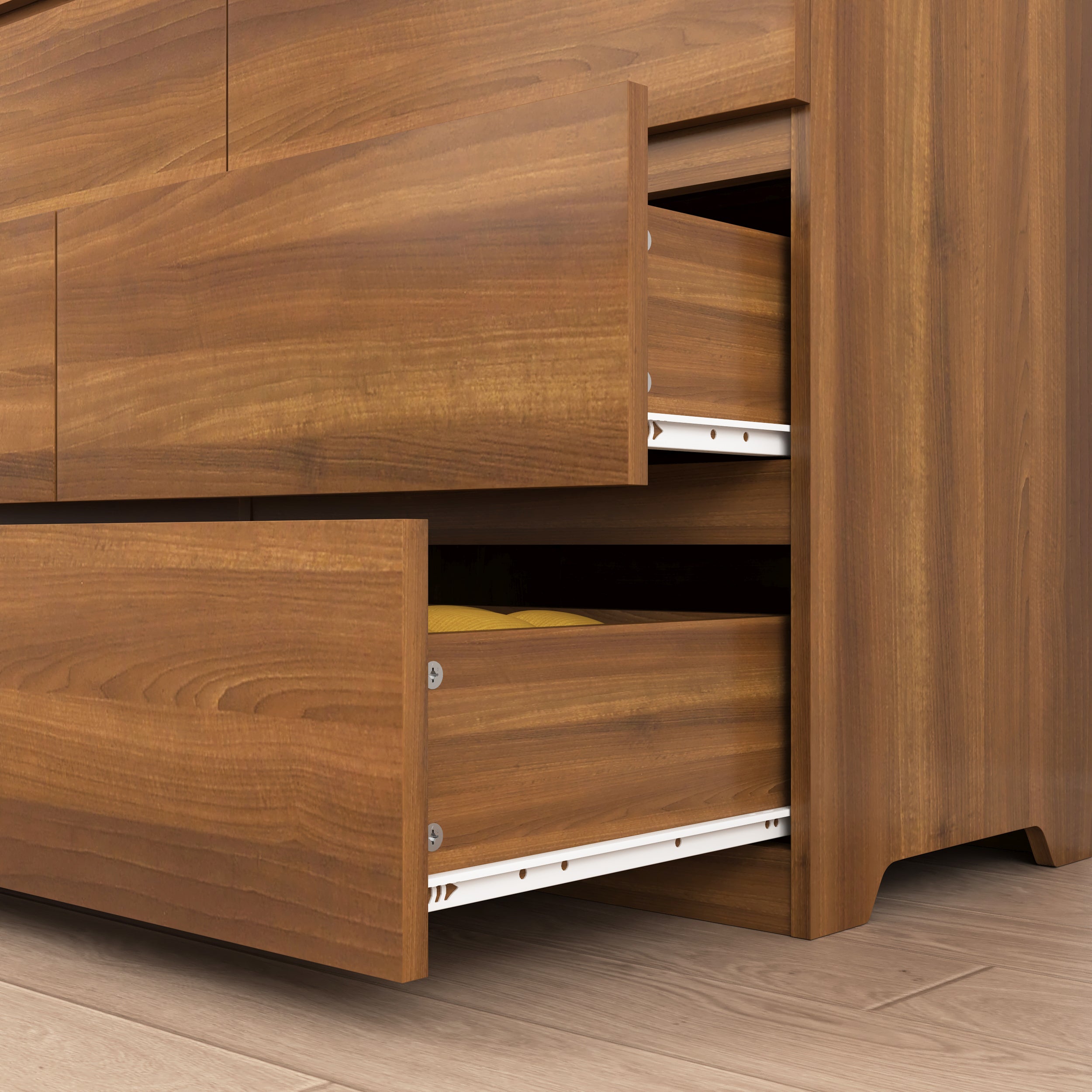 12-drawer walnut double dresser with drawers open, detail view