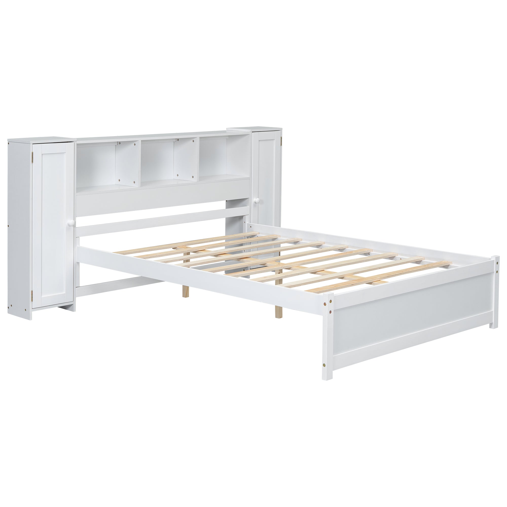 Full Size Platform Bed with Storage Headboard and Lockers, White