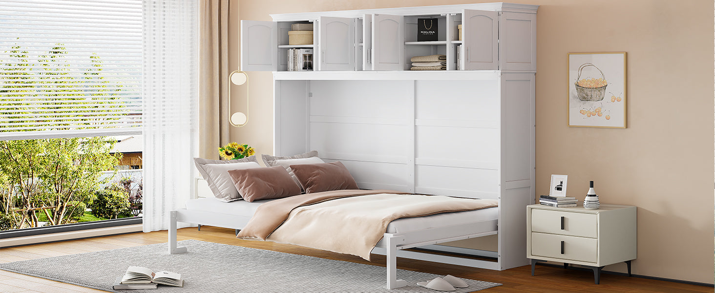 Queen Size Murphy Bed Wall Bed with Top Cabinets,White