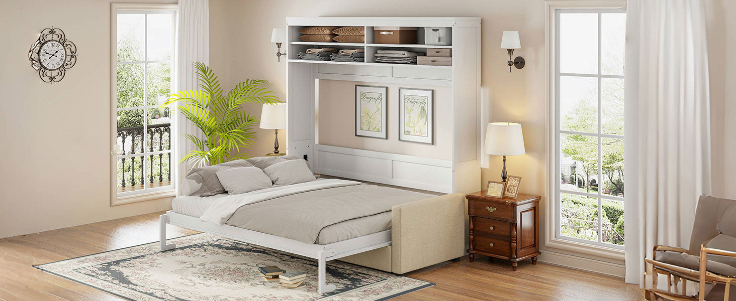 Queen Size Murphy Bed Wall Bed with Sofa,White