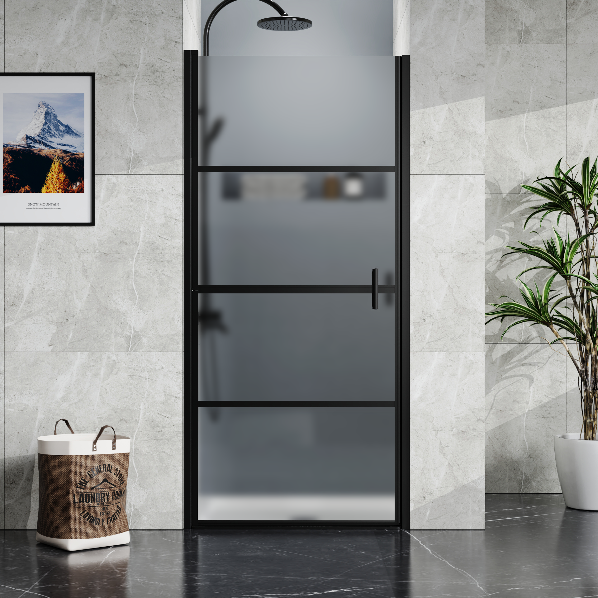 Goodyo Framed Hinged Shower Door,34"X72" Swing Tempered Glass Door, Black, Frosted