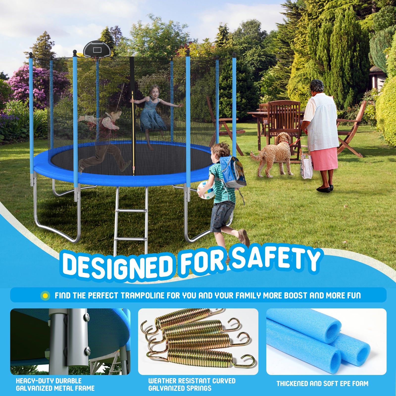 12 FT TRAMPOLINE INSIDE SAFETY NET WITH BASKETBALL HOOP