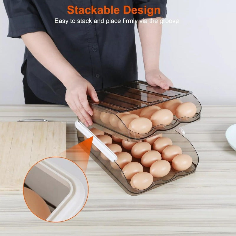 2-Tier Automatic Rolling Egg Rack Refrigerator Storage Container Drawer with Lid