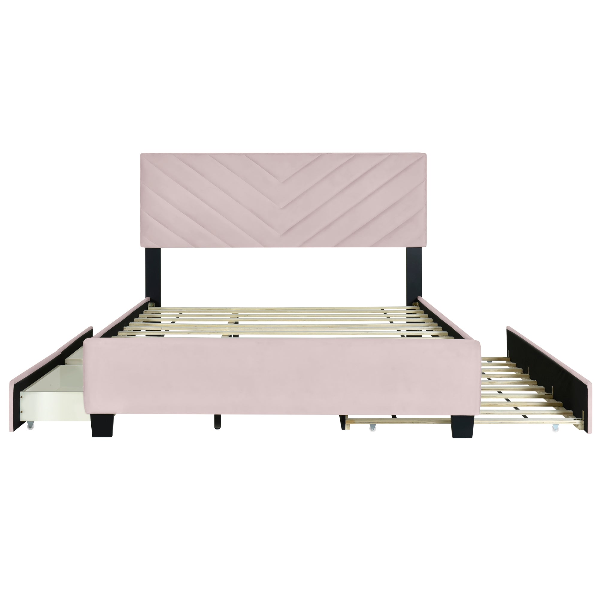 Queen Size Upholstered Platform Bed with Twill Headboard, Pullout Bed and Two Drawers, Flannel,Pink