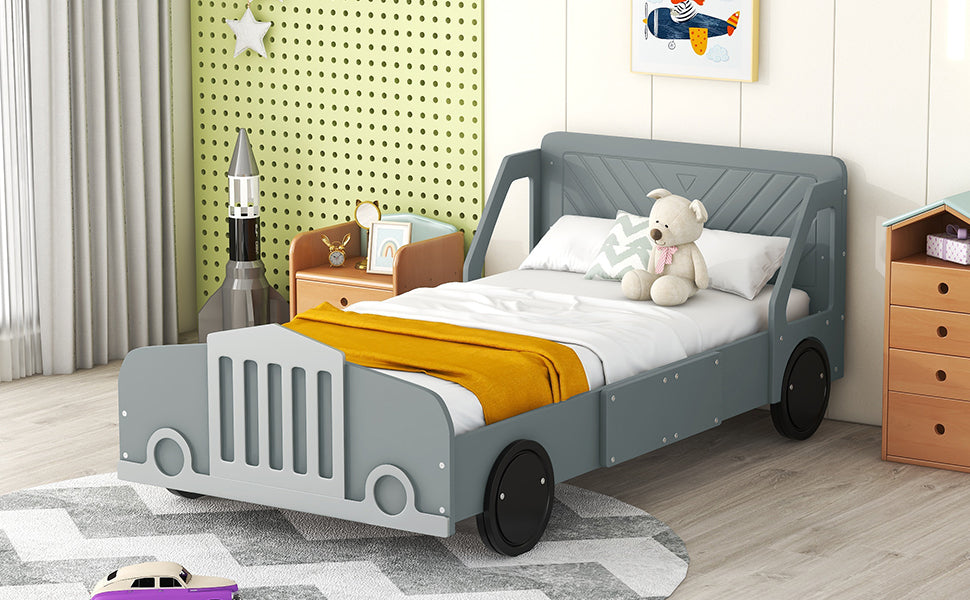 Twin Size Car-Shaped Platform Bed with Wheels,Gray