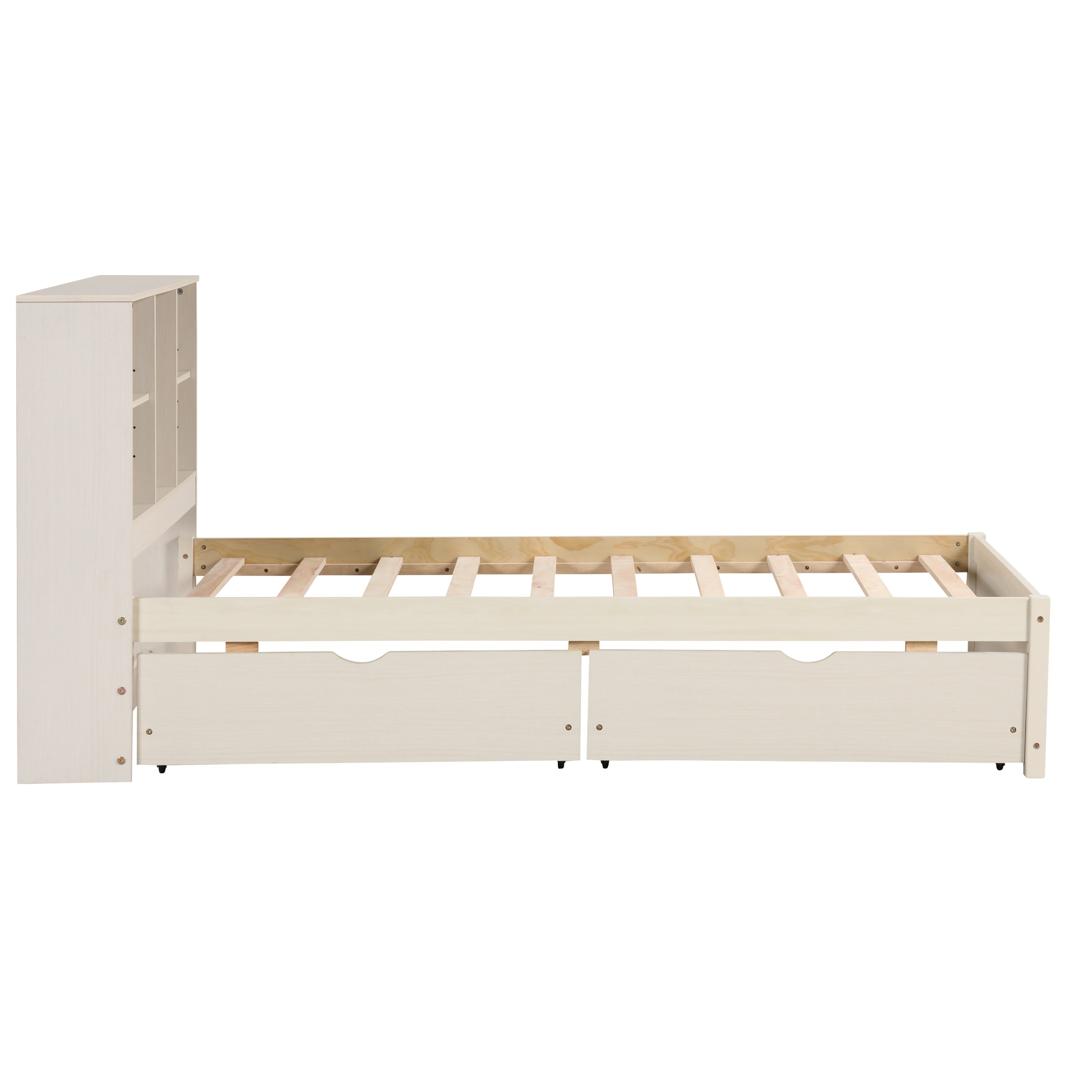 Modern Twin Size Bed Frame With Built-in USB Port on Bookcase Headboard and 2 Drawers for White Washed Color