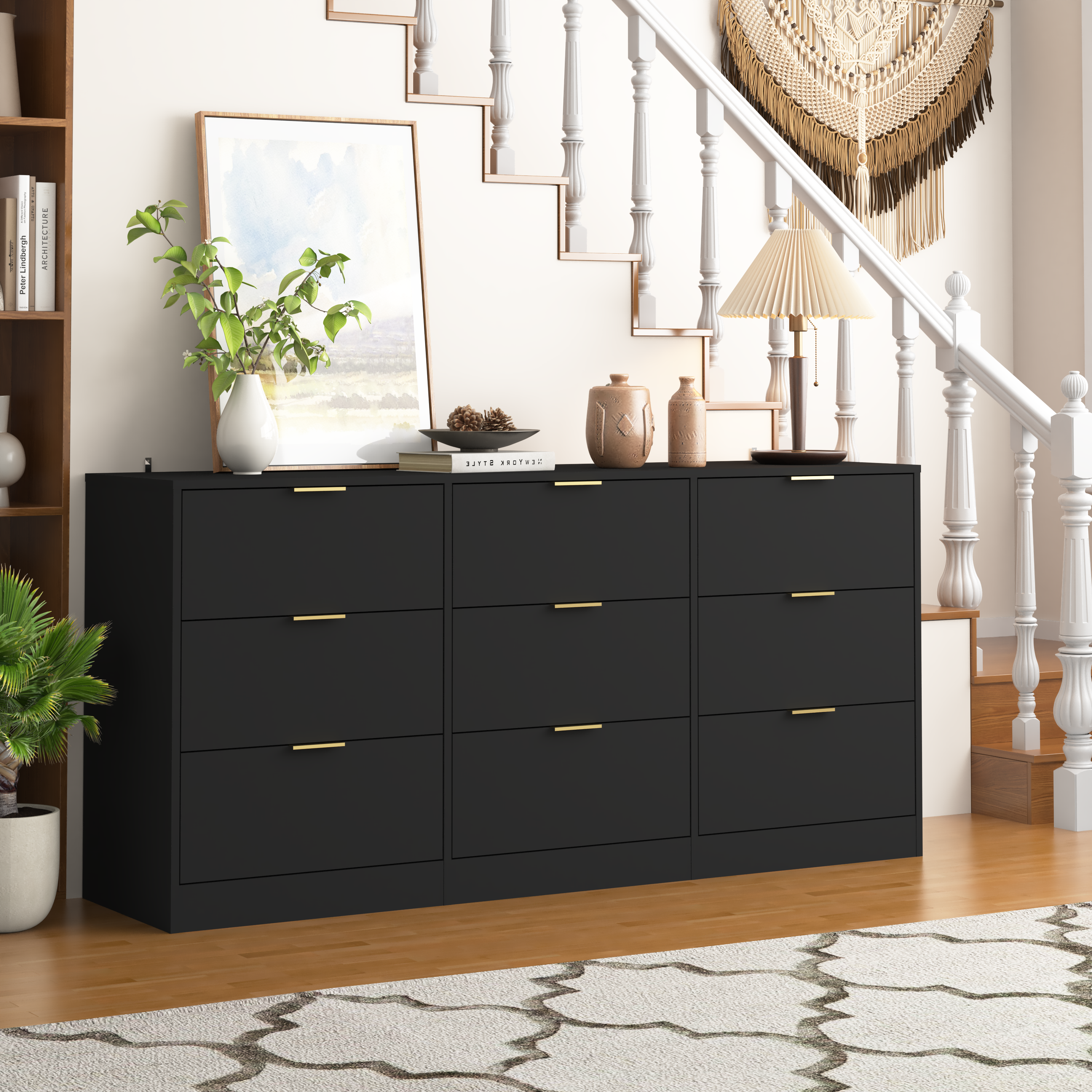 Black wooden chest of drawers, 9 drawers, drawer close-up
