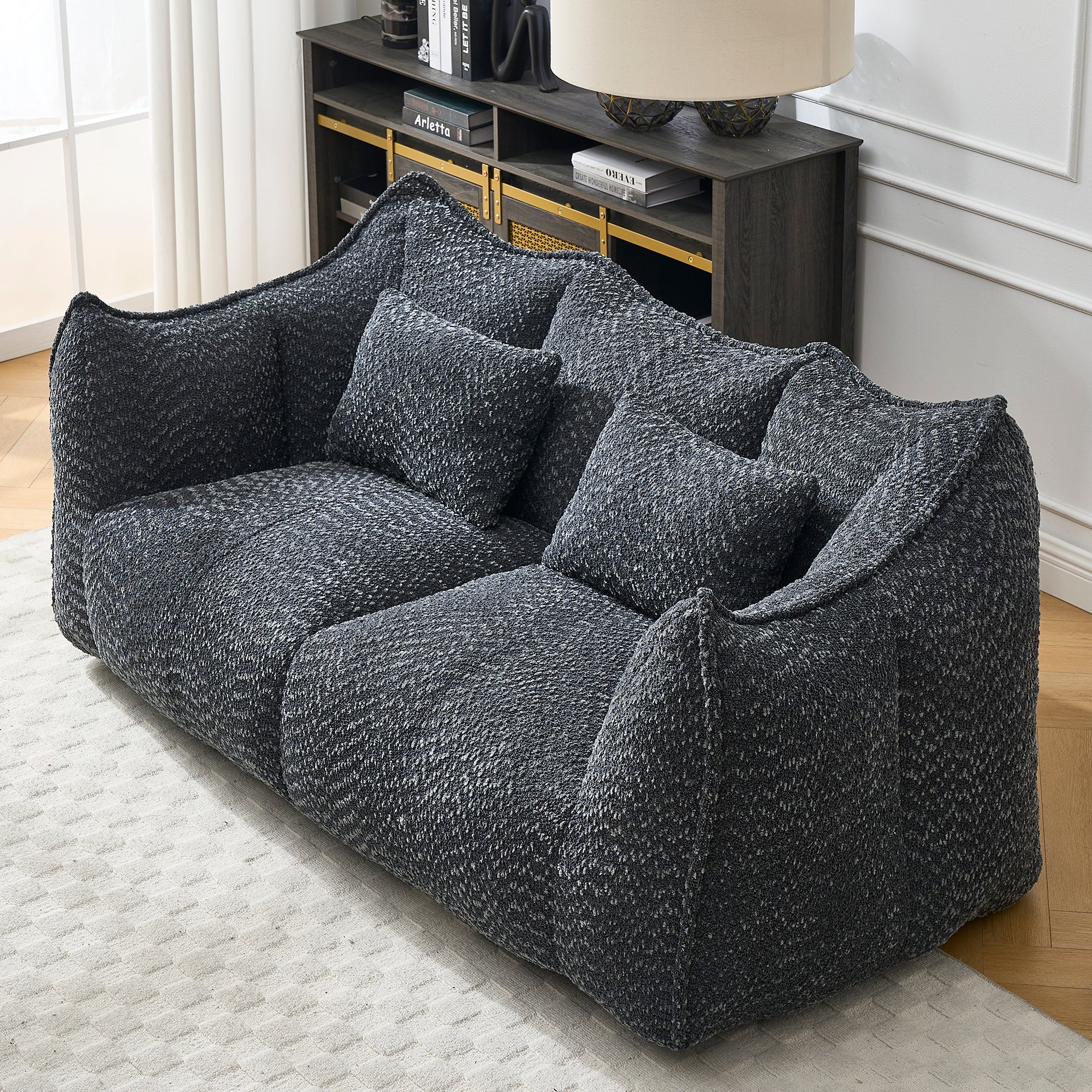 Foam-filled square bean bag recliner sofa in living room setting