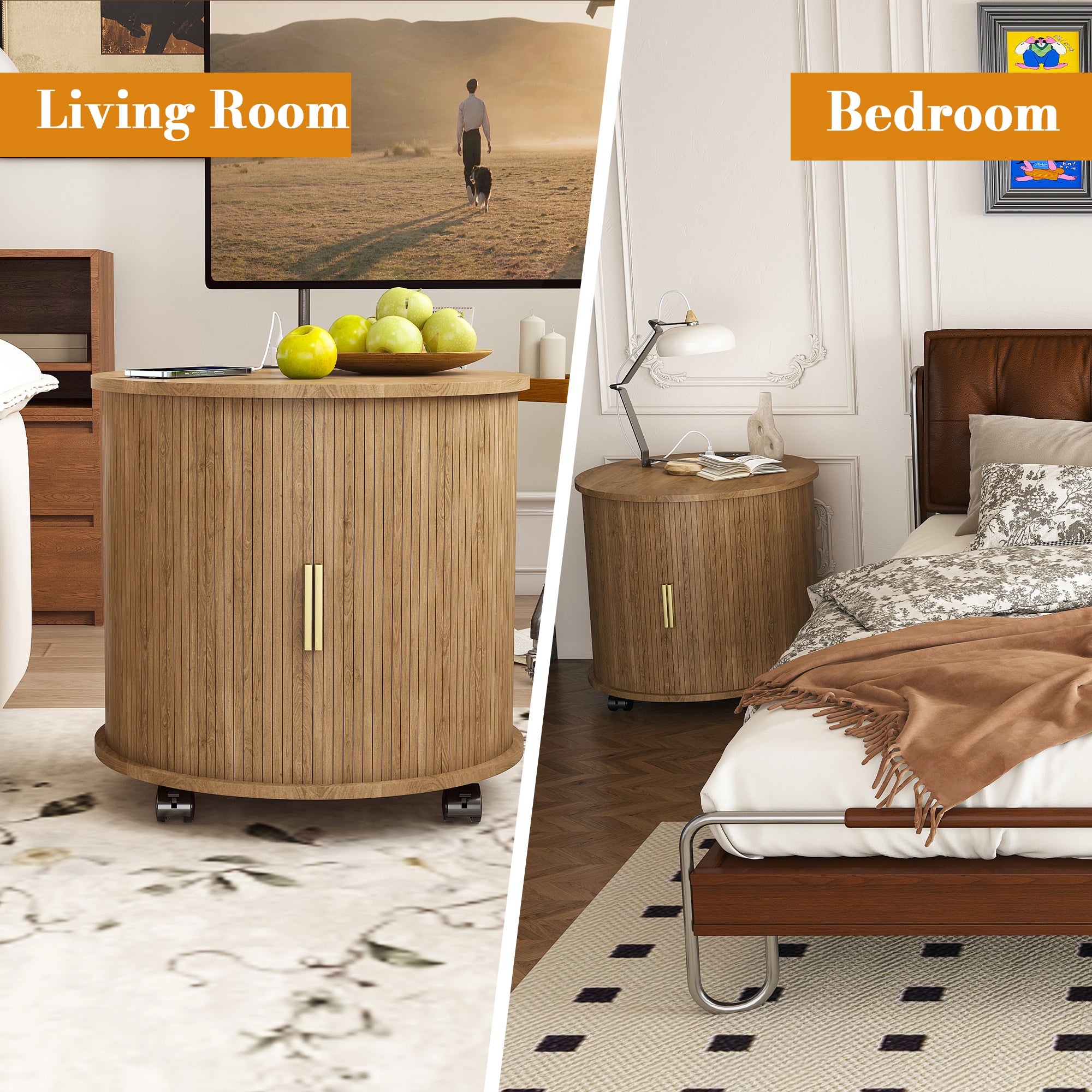 Round nightstand with USB ports charging station, close-up view