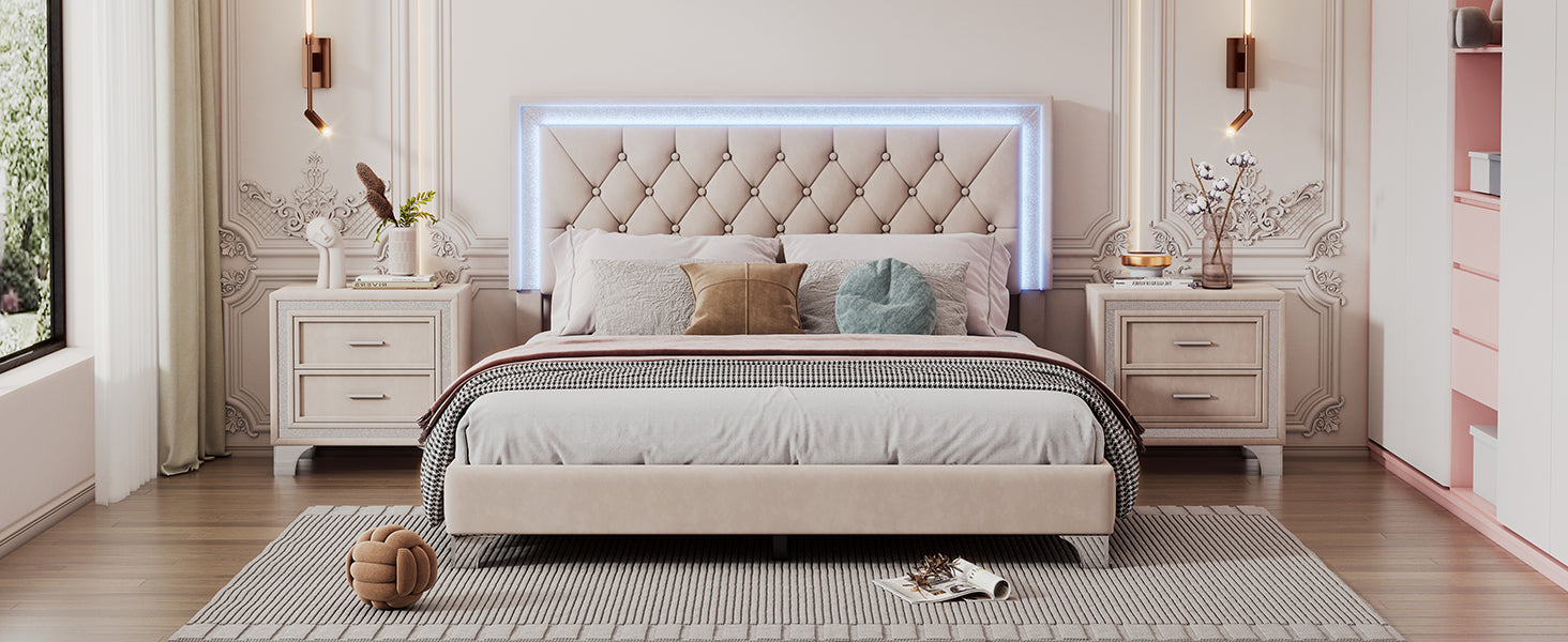 Queen Size Upholstered Bed Frame with LED Lights,Modern Velvet Platform Bed with Tufted Headboard,Beige