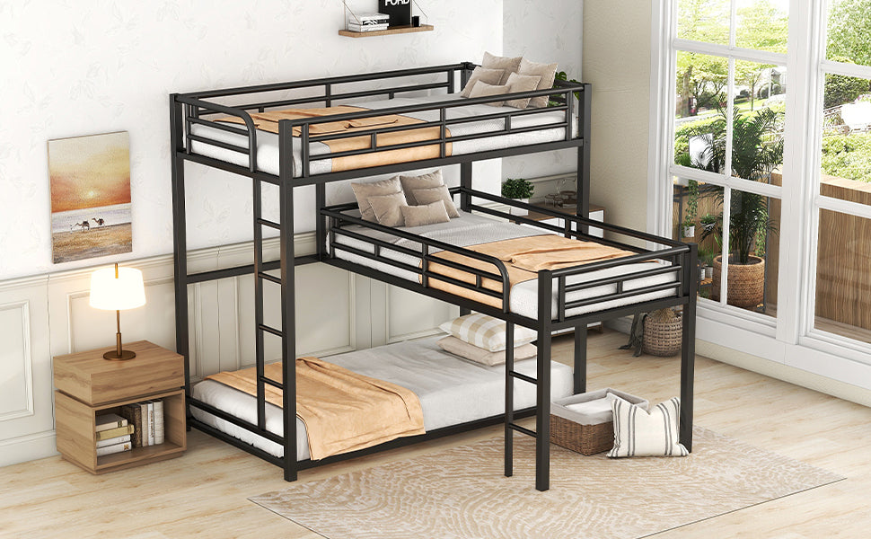 L-shaped Metal Triple Twin Size Bunk Bed, Black(OLD SKU:SM000605AAB)