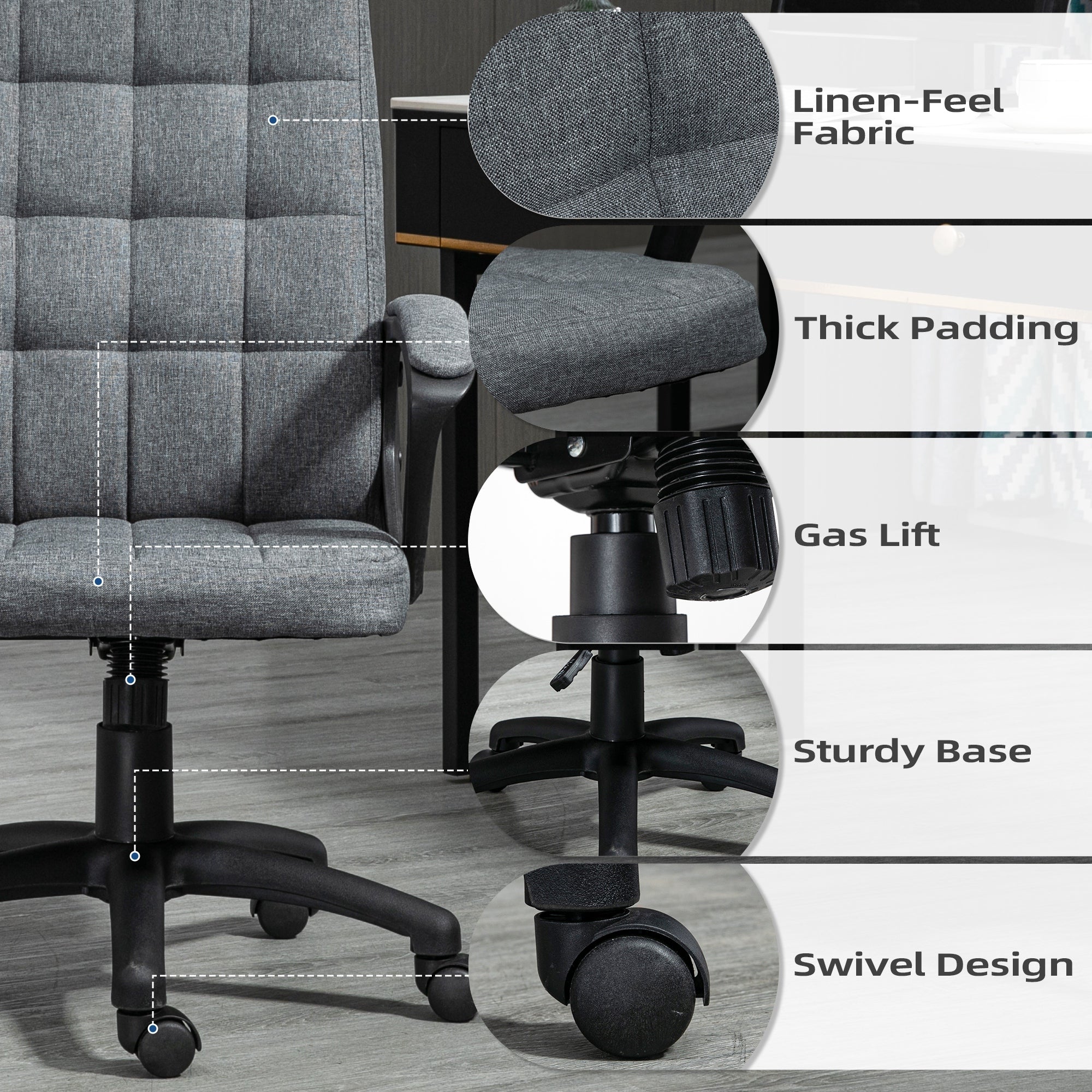 Fabric Office Chair, Computer Desk Chair, Swivel Task Chair with Arms, Adjustable Height, Swivel Wheels, Mid Back, Charcoal Gray