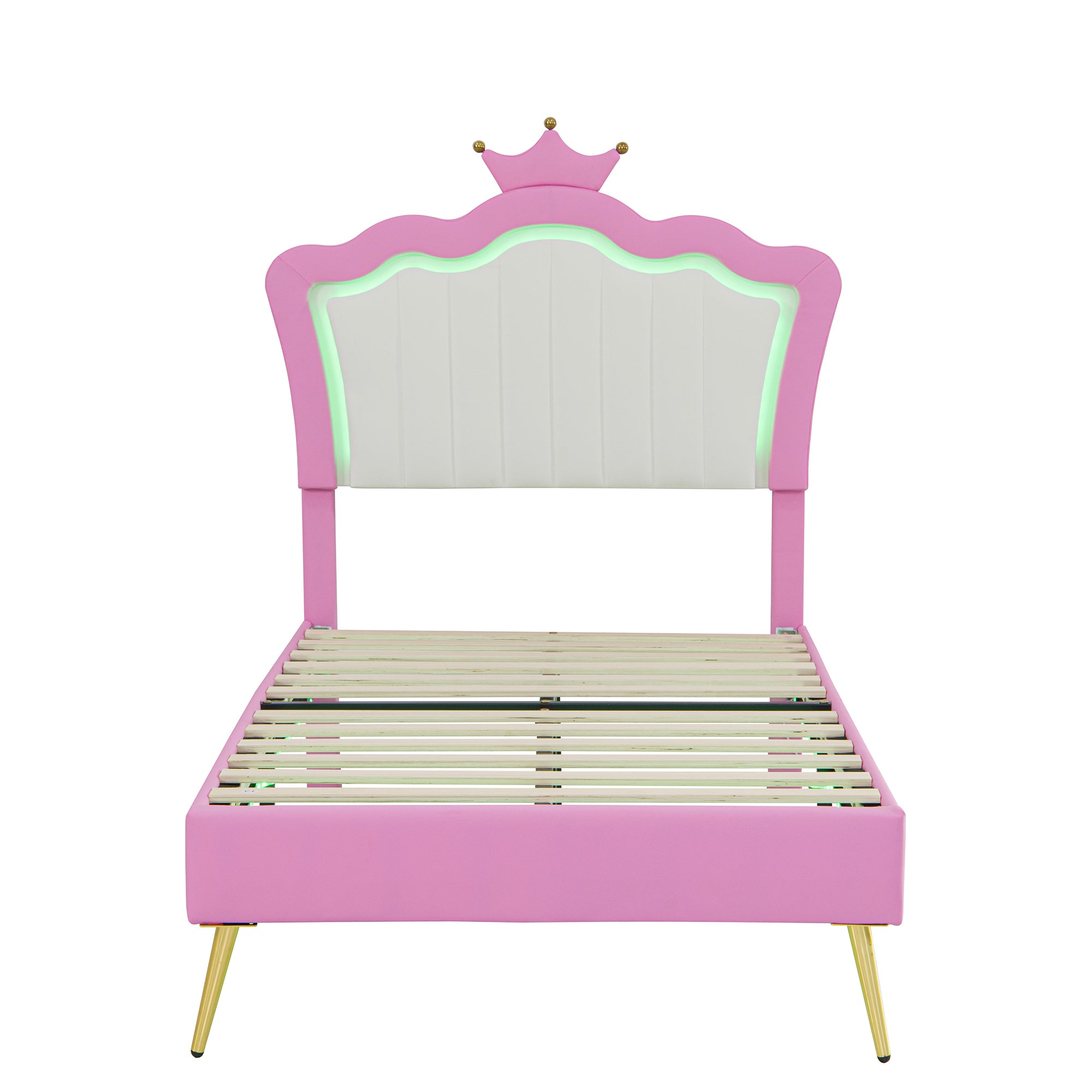 Twin Size Upholstered Bed Frame with LED Lights, Modern Upholstered Princess Bed with Crown Headboard, Pink+White