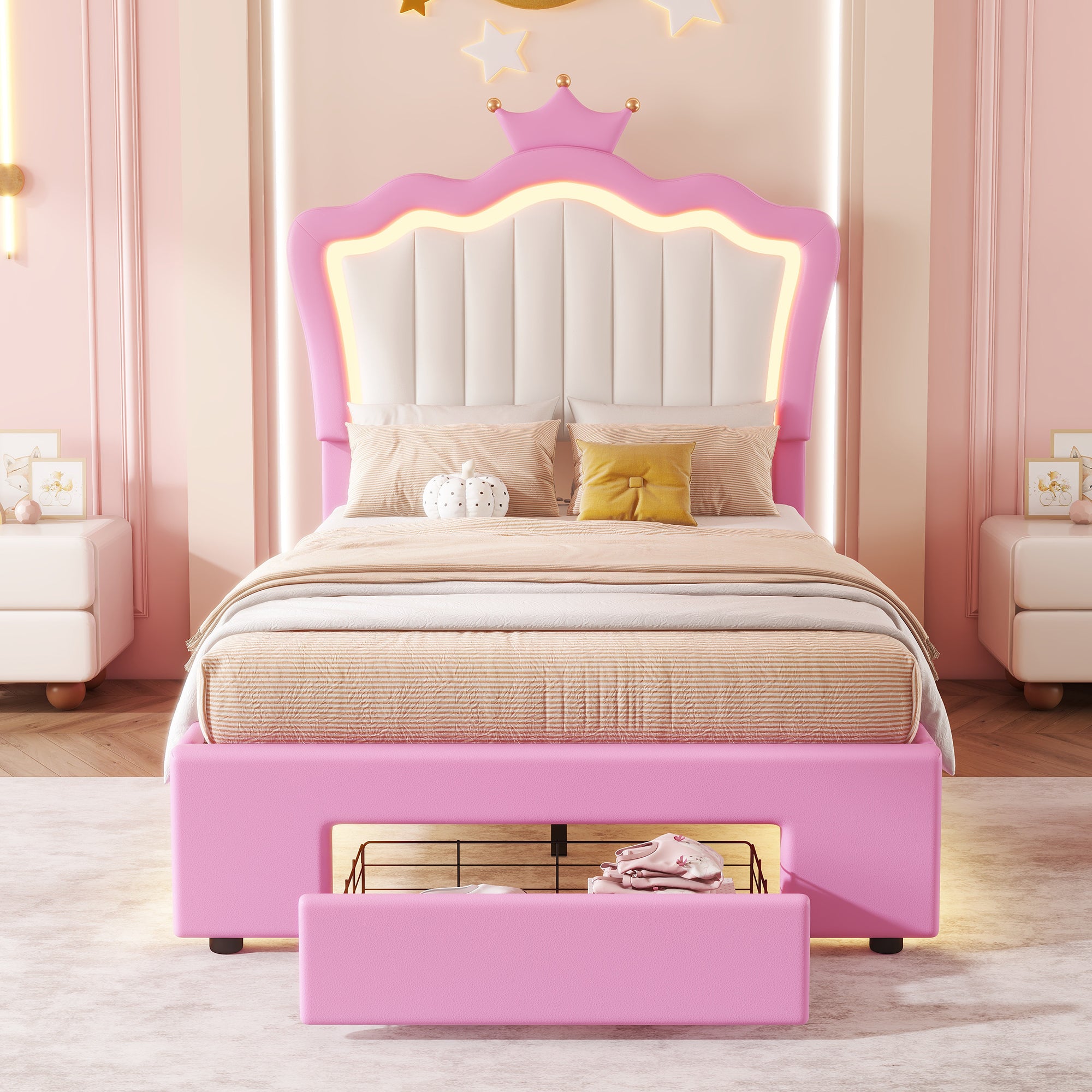 Twin Size Upholstered Bed Frame with LED Lights, Modern Upholstered Princess Bed with Crown Headboard, a Drawer, Pink+White