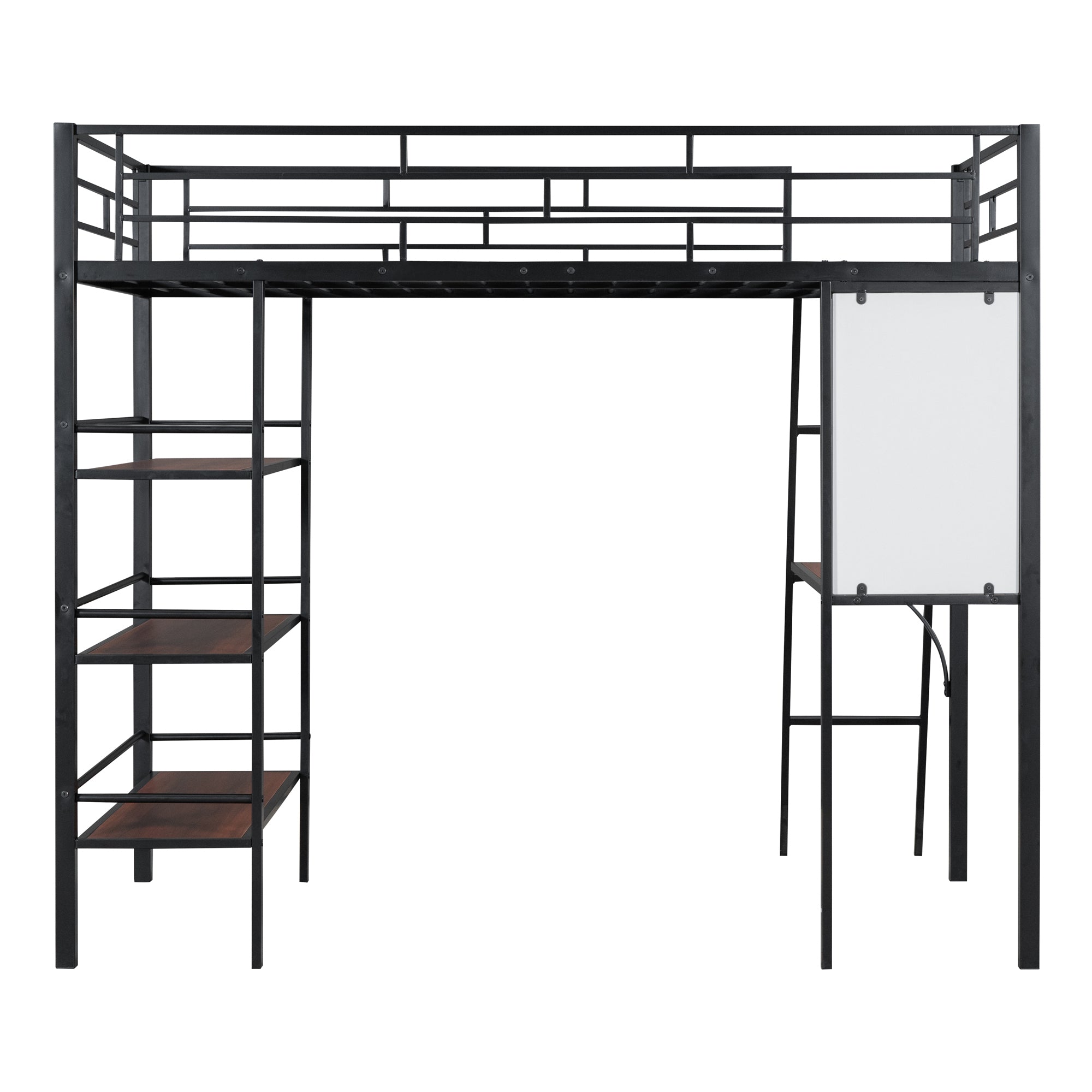 Twin Size Loft Metal Bed with 3 Layers of Shelves and Desk, Stylish Metal Frame Bed with Whiteboard, Black