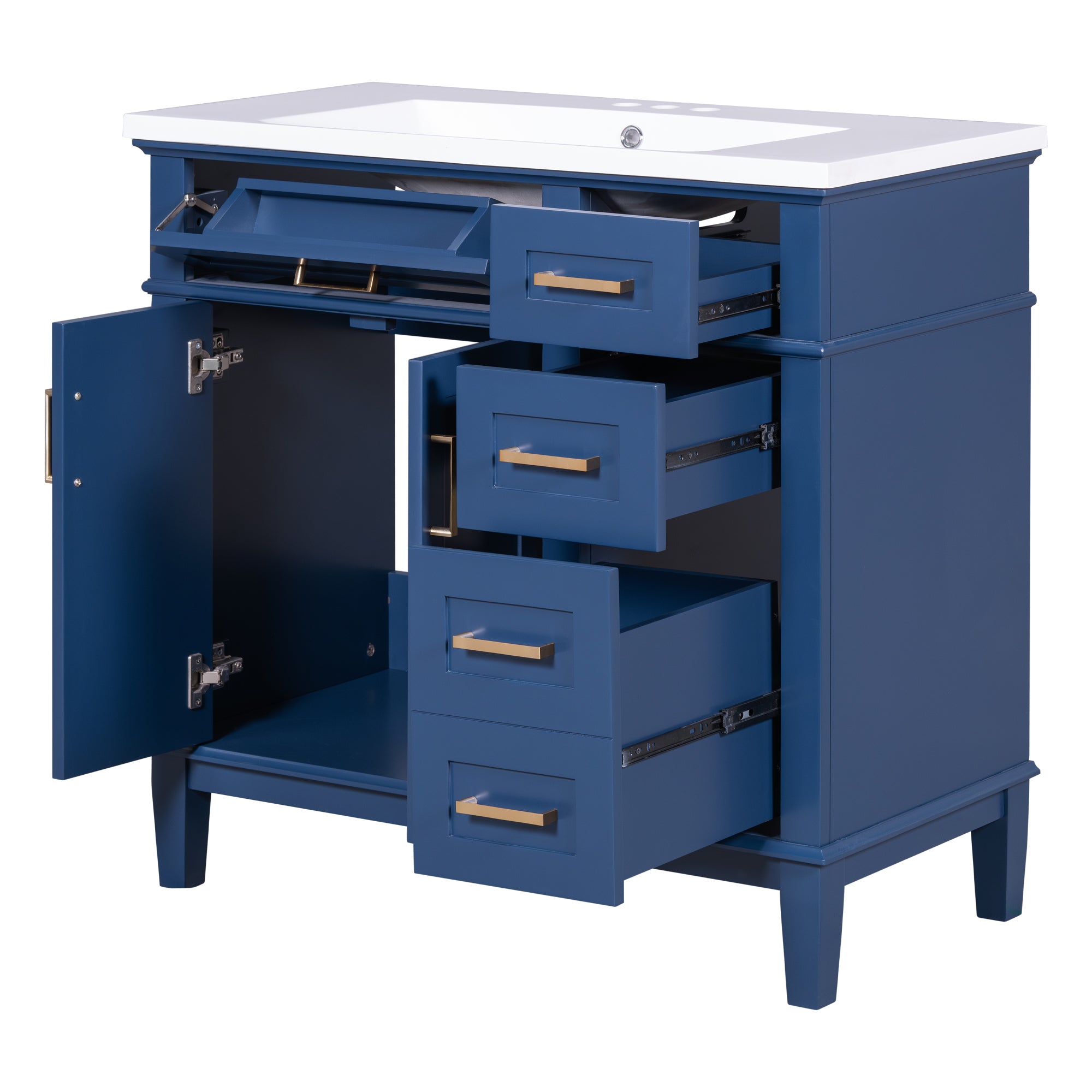 36-inch Bathroom Vanity with Resin Sink, Modern Bathroom Cabinet in Blue, Featuring Two Soft Close Doors and Four Drawers