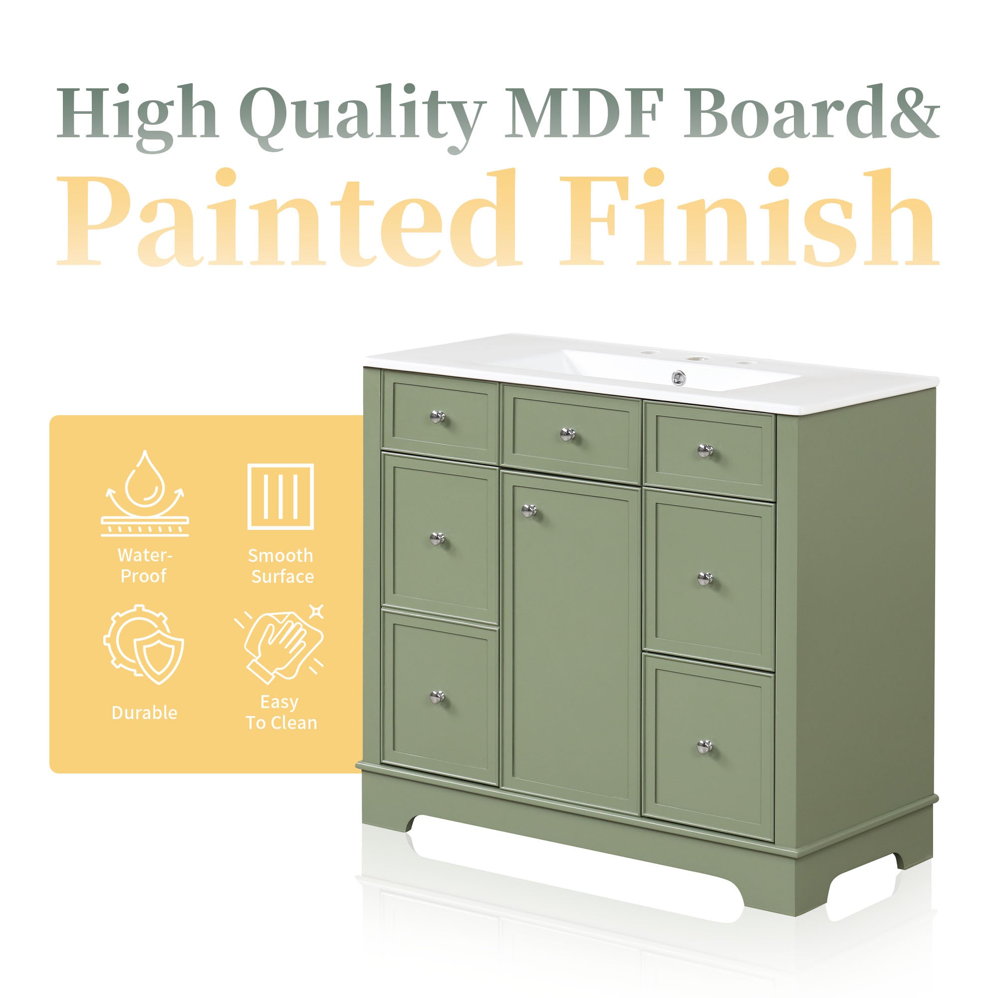 36" Bathroom Vanity with Sink, One Cabinet with Three drawers and One Flip Drawer, Solid Wood and MDF Board, Green