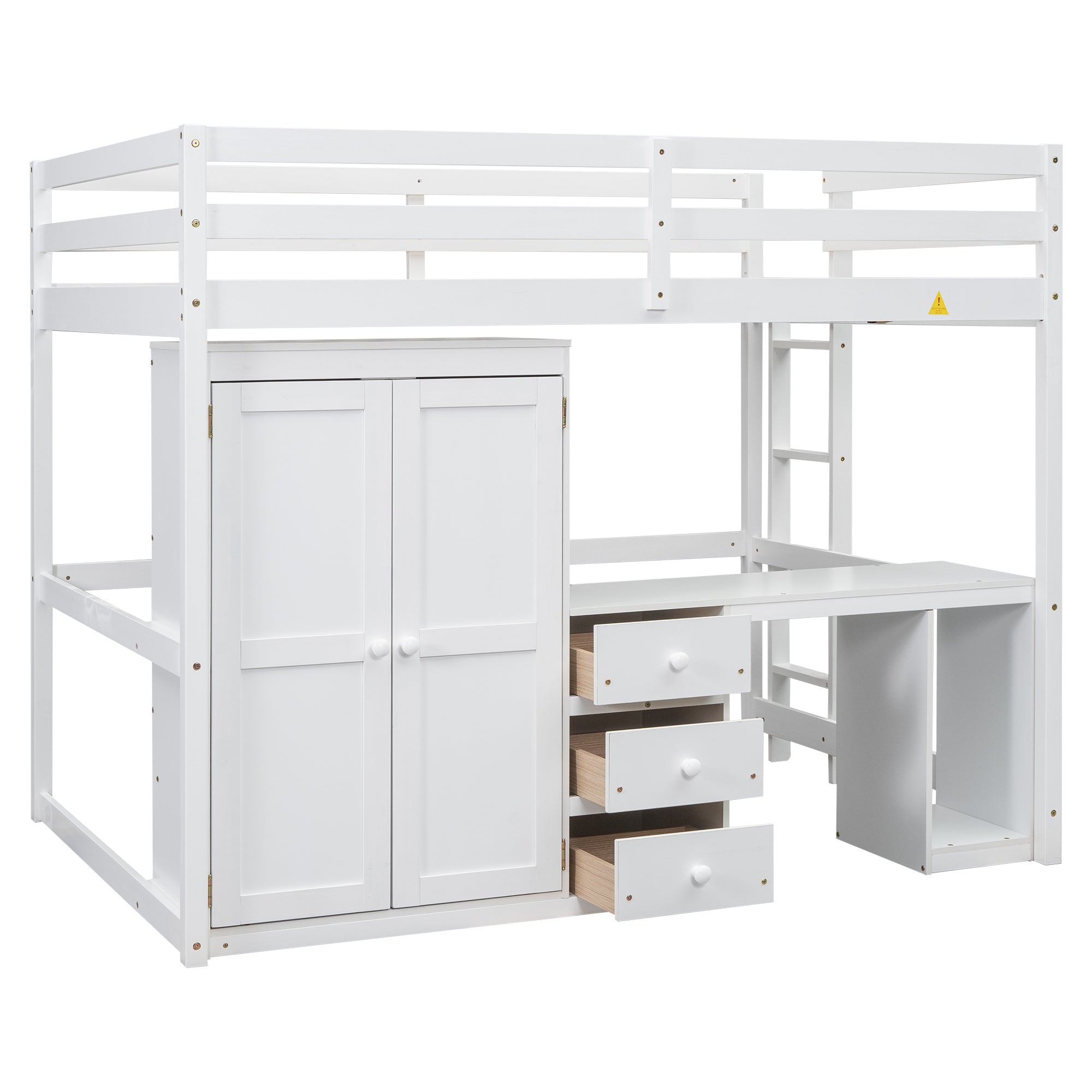 Full Size Loft Bed with Wardrobe, Desk and Storage Drawers, White