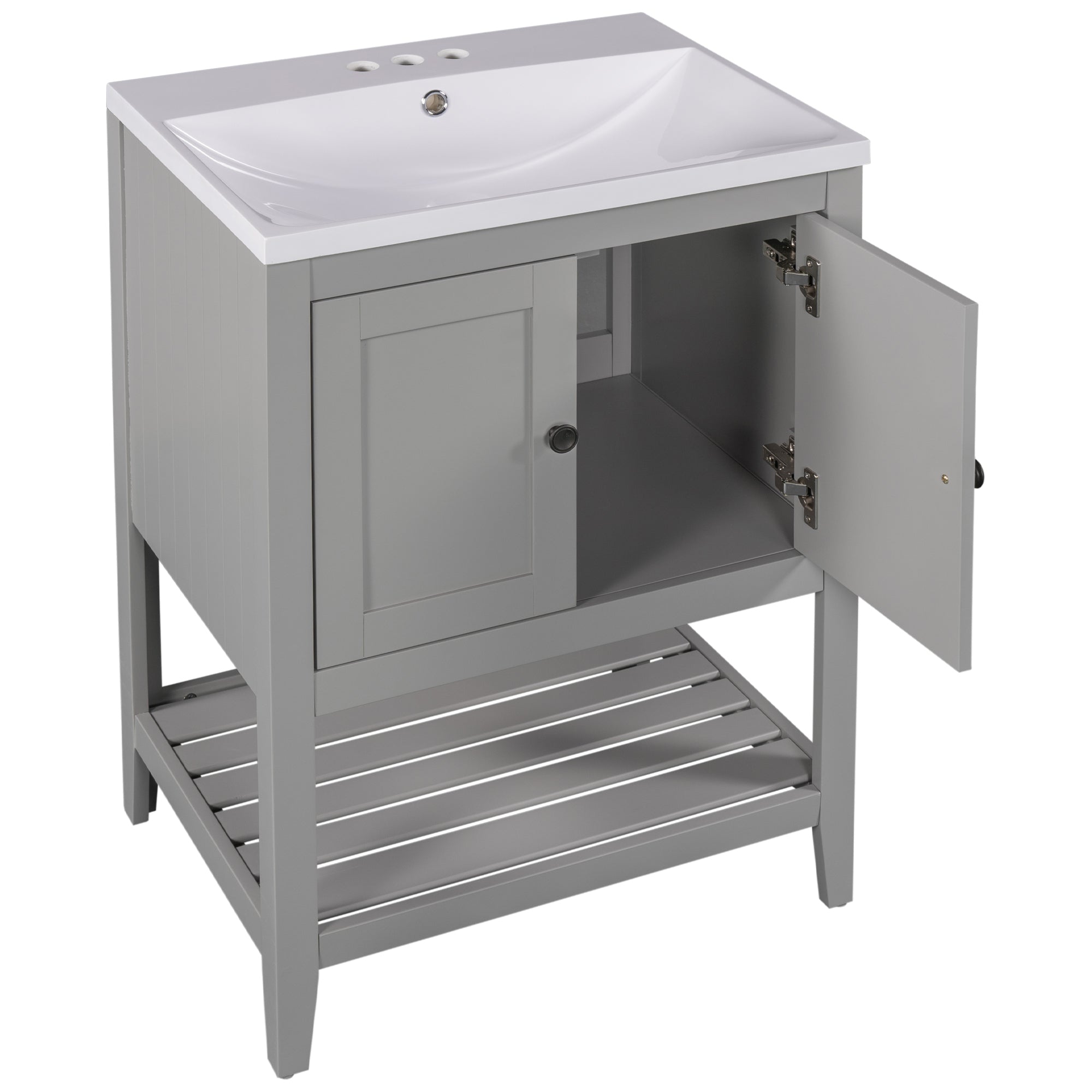 [VIDEO] 24" Grey Modern Sleek Bathroom Vanity Elegant Ceramic Sink with Solid Wood Frame Open Style Shelf (OLD SKU: JL000004AAE)