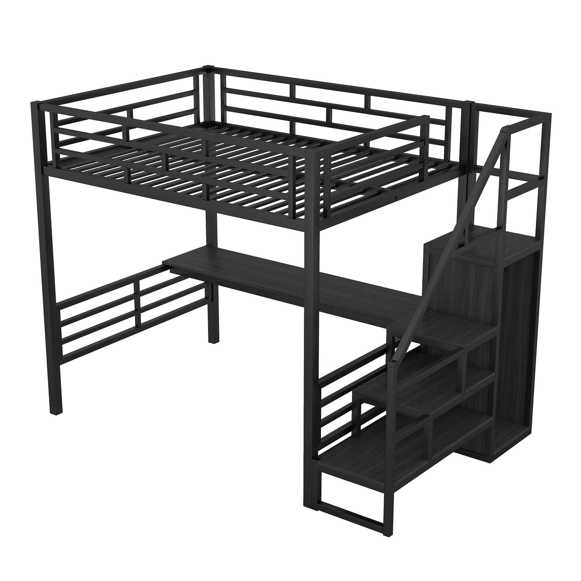 Full Size Metal Loft Bed with Desk, Storage Staircase and Small Wardrobe, Storage stairs can be installed left and right,Black