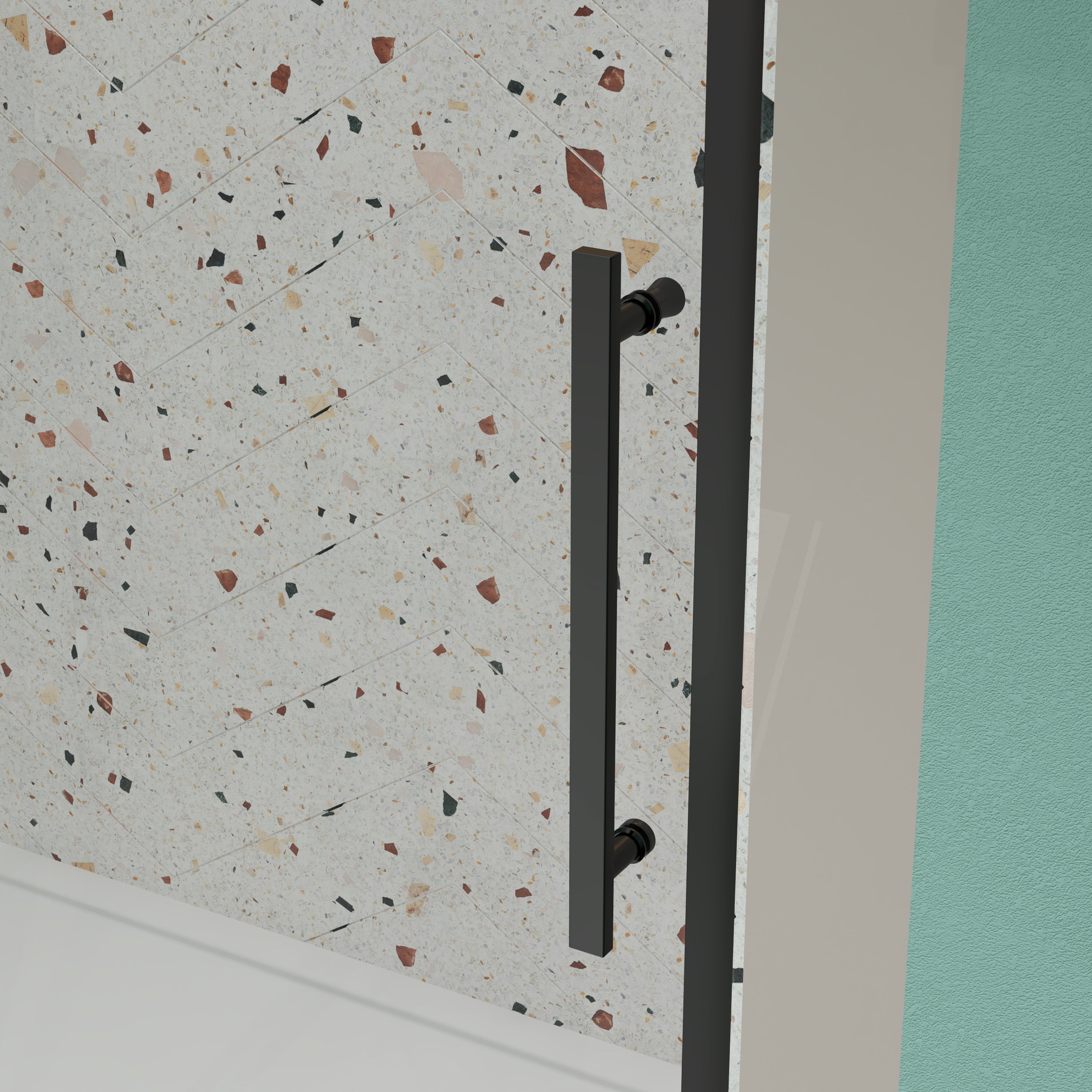 Matte black sliding shower door handle detail