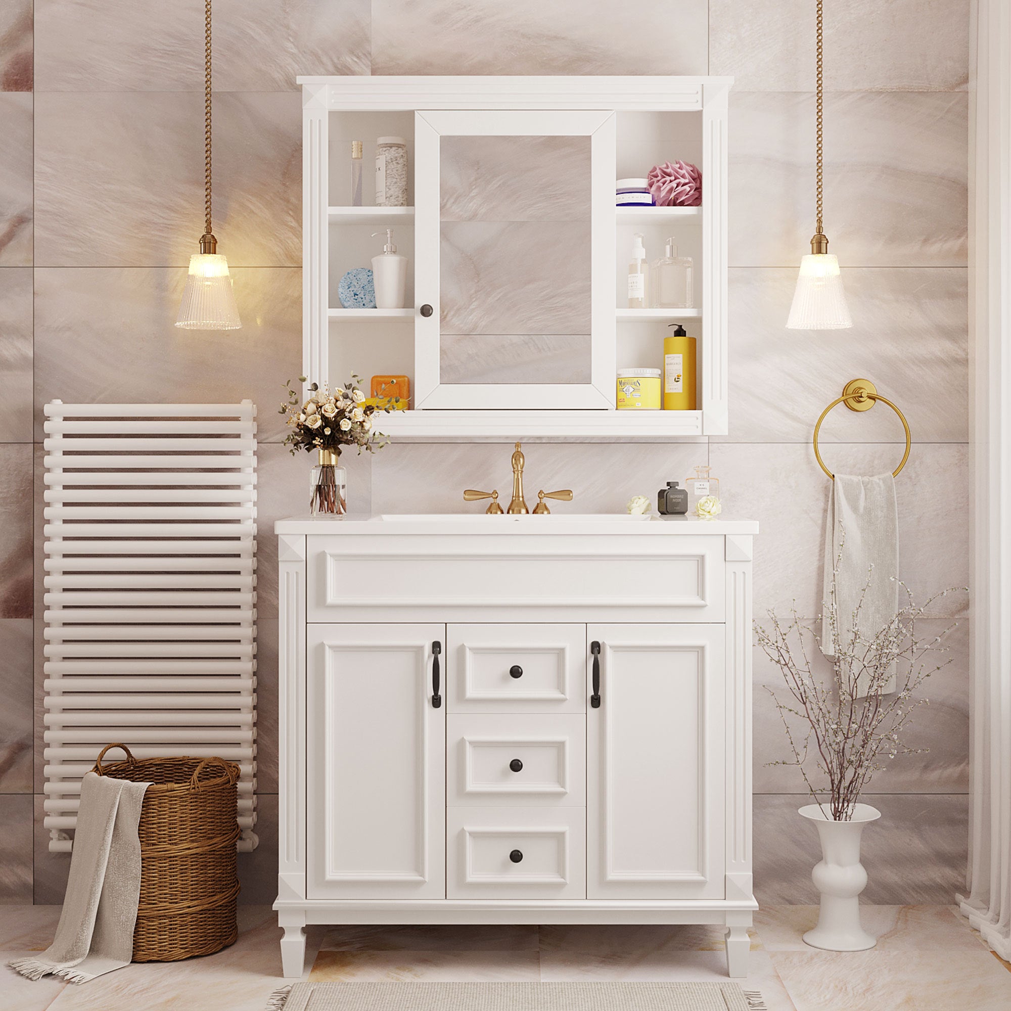 36'' Bathroom Vanity with Top Sink, White Mirror Cabinet, Modern Bathroom Storage Cabinet with 2 Soft Closing Doors and 2 Drawers, Single Sink Bathroom Vanity