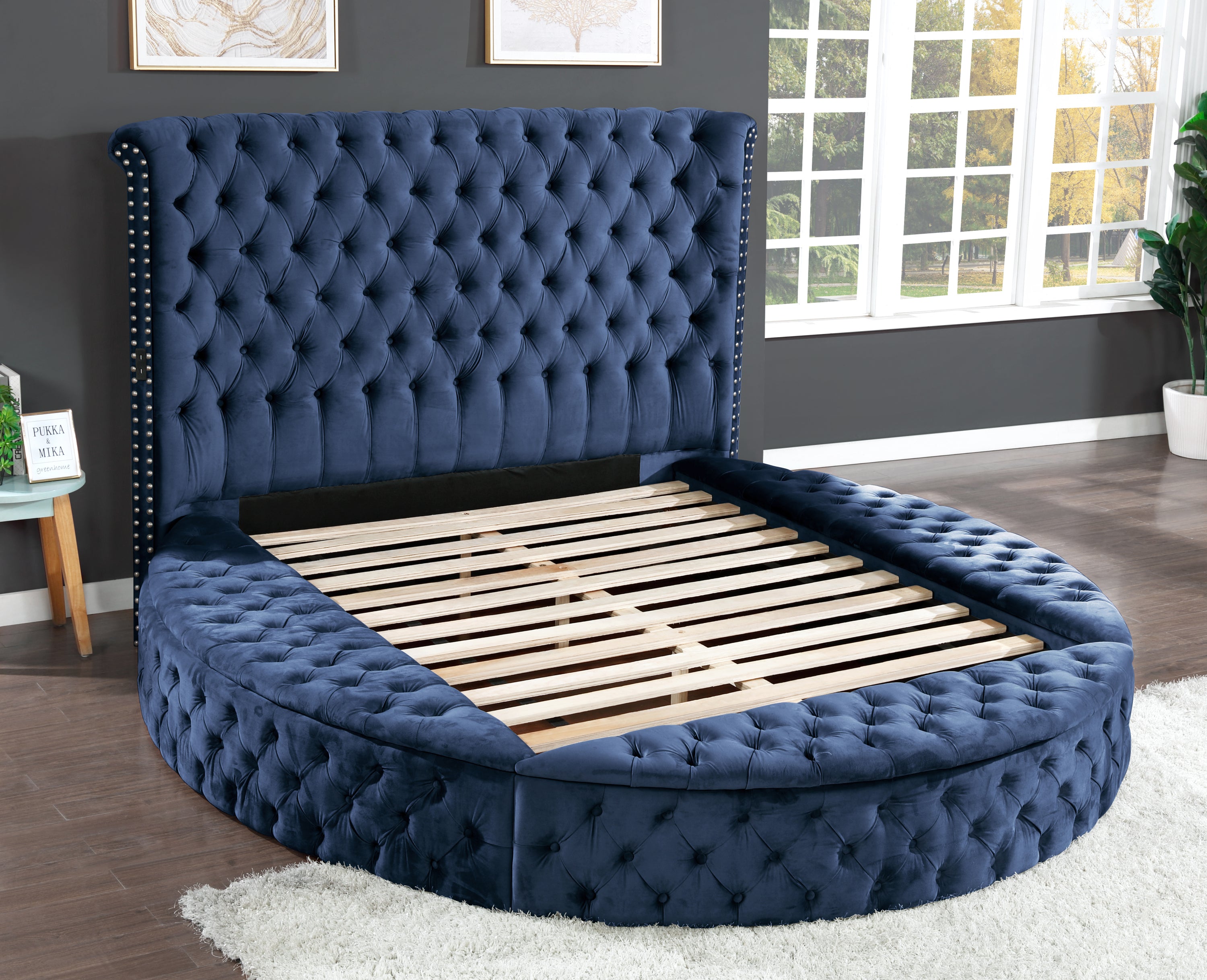 King Size Tufted Storage Bed made with Wood in Blue