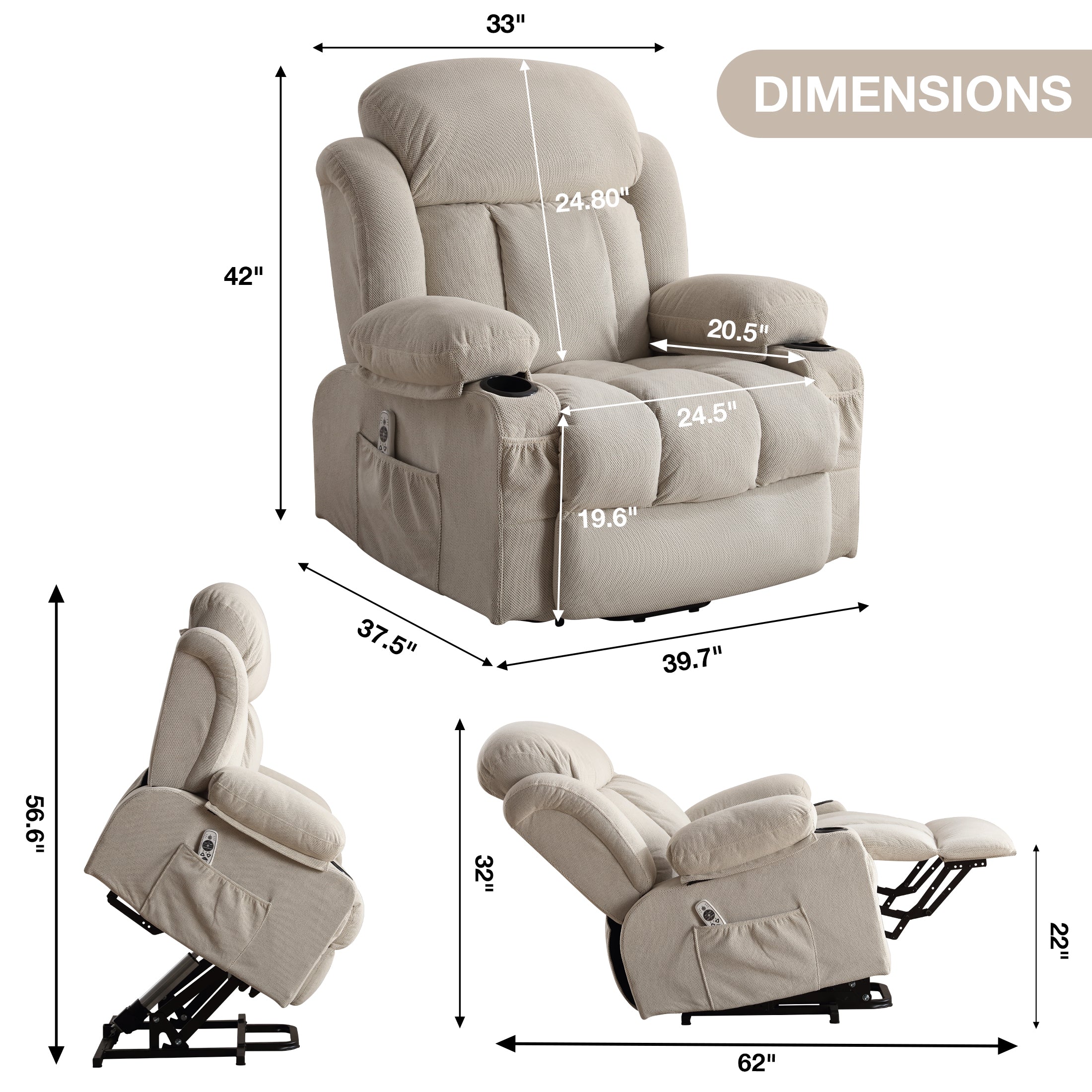 Power Lift Recliner Chair with Heat and Massage Electric Fabric Recliner Chair for Elderly with Side Pocket, USB Charge Port, Remote Control for Living Room (BEIGE)A+B