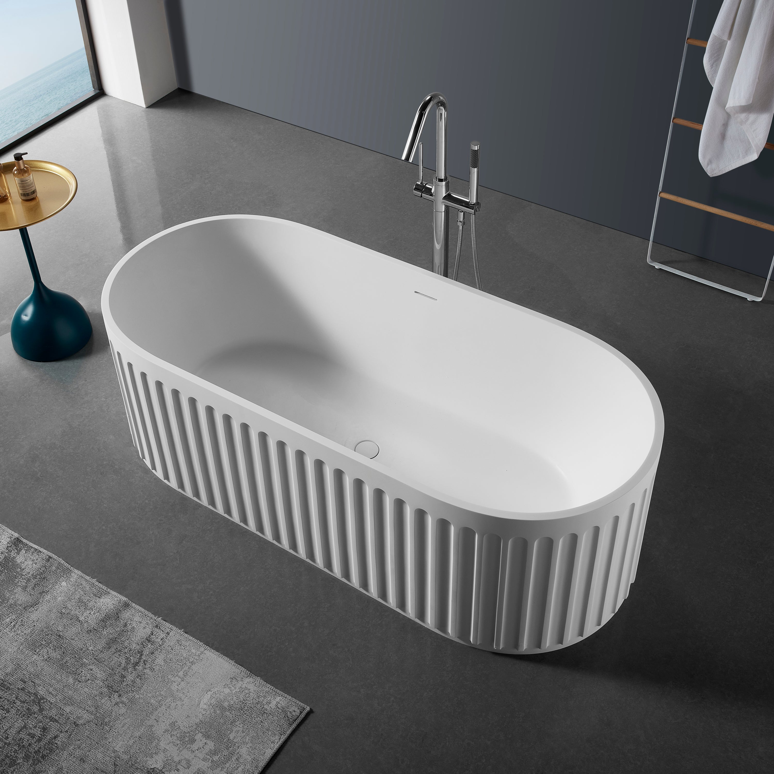 67" Luxury Handcrafted Stone Resin Freestanding Soaking Bathtub with Overflow in Matte White, cUPC Certified - 23S13-67