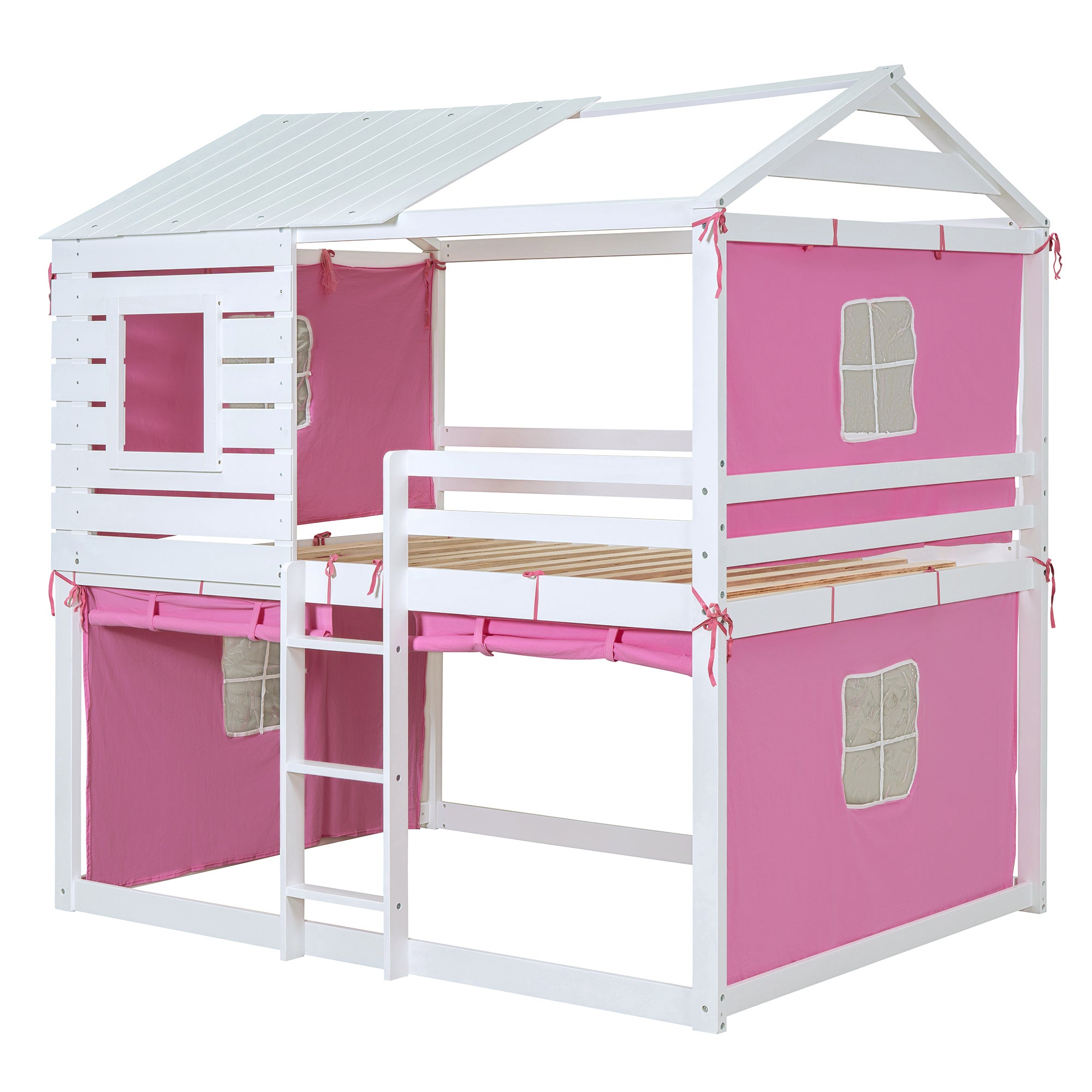 Full Size Bunk Wood House Bed with Tent, Pink+White