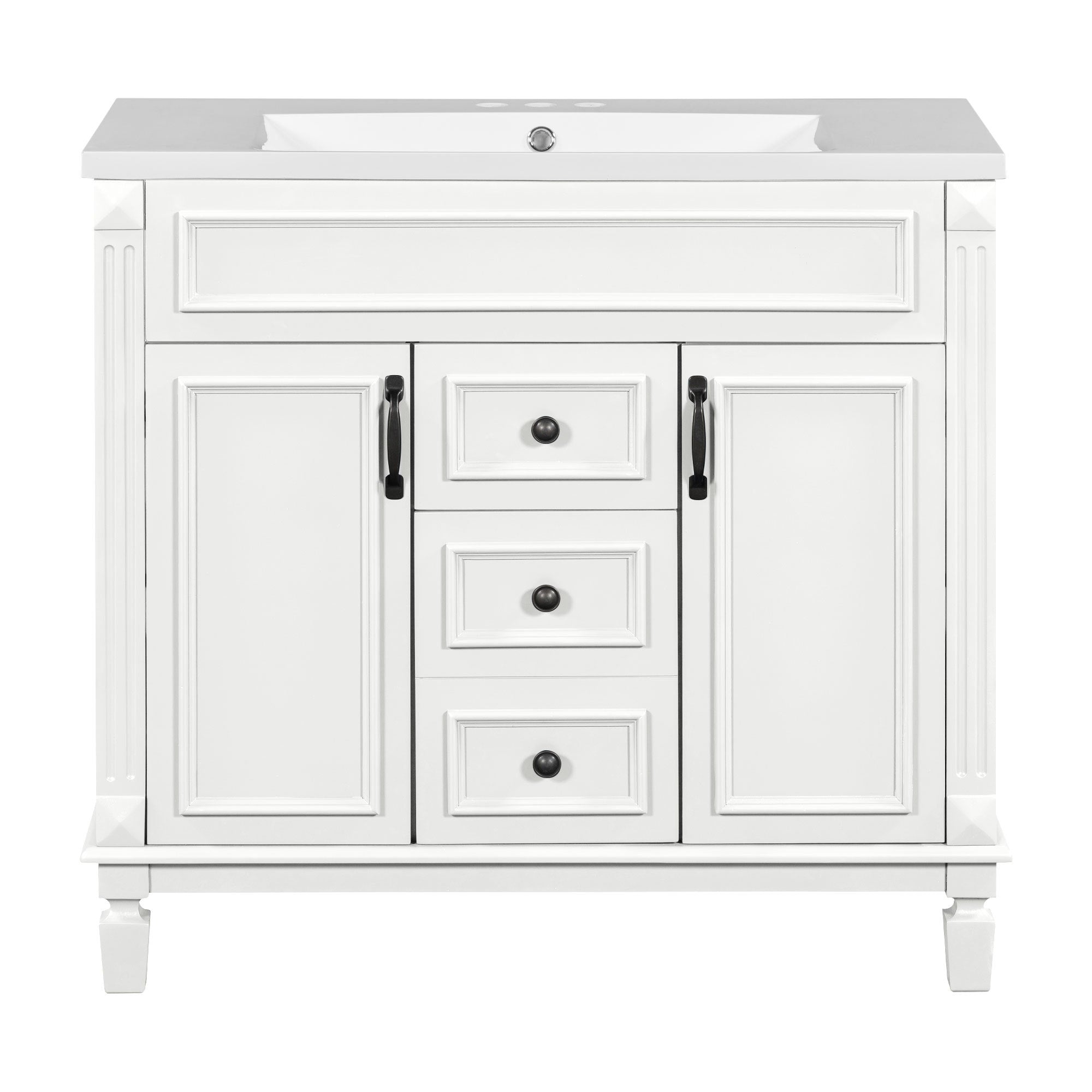 36'' Bathroom Vanity with Top Sink, White Mirror Cabinet, Modern Bathroom Storage Cabinet with 2 Soft Closing Doors and 2 Drawers, Single Sink Bathroom Vanity