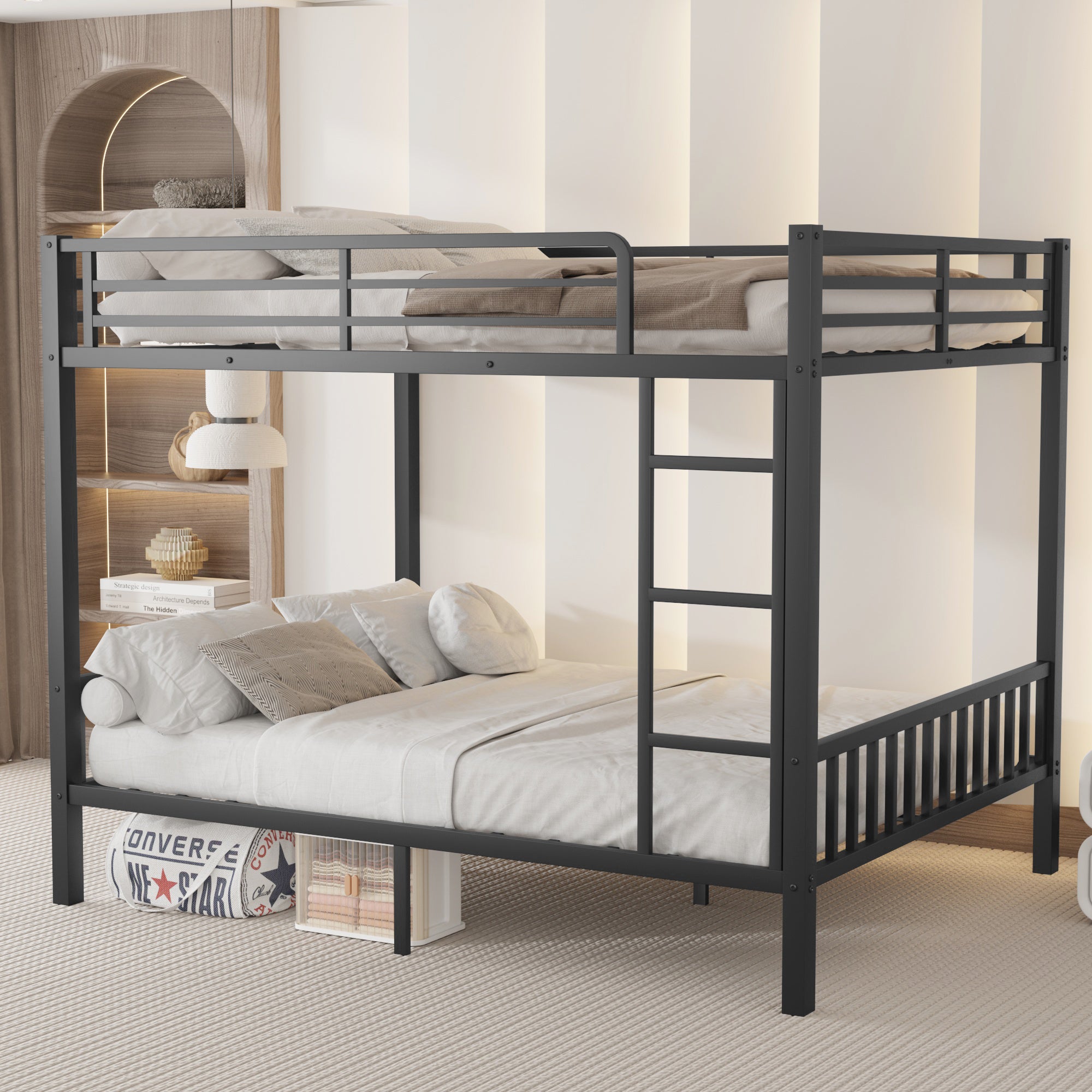 Queen Over Queen Metal Bunk Bed with Ladder and Slats Support for Adults Teens, Black