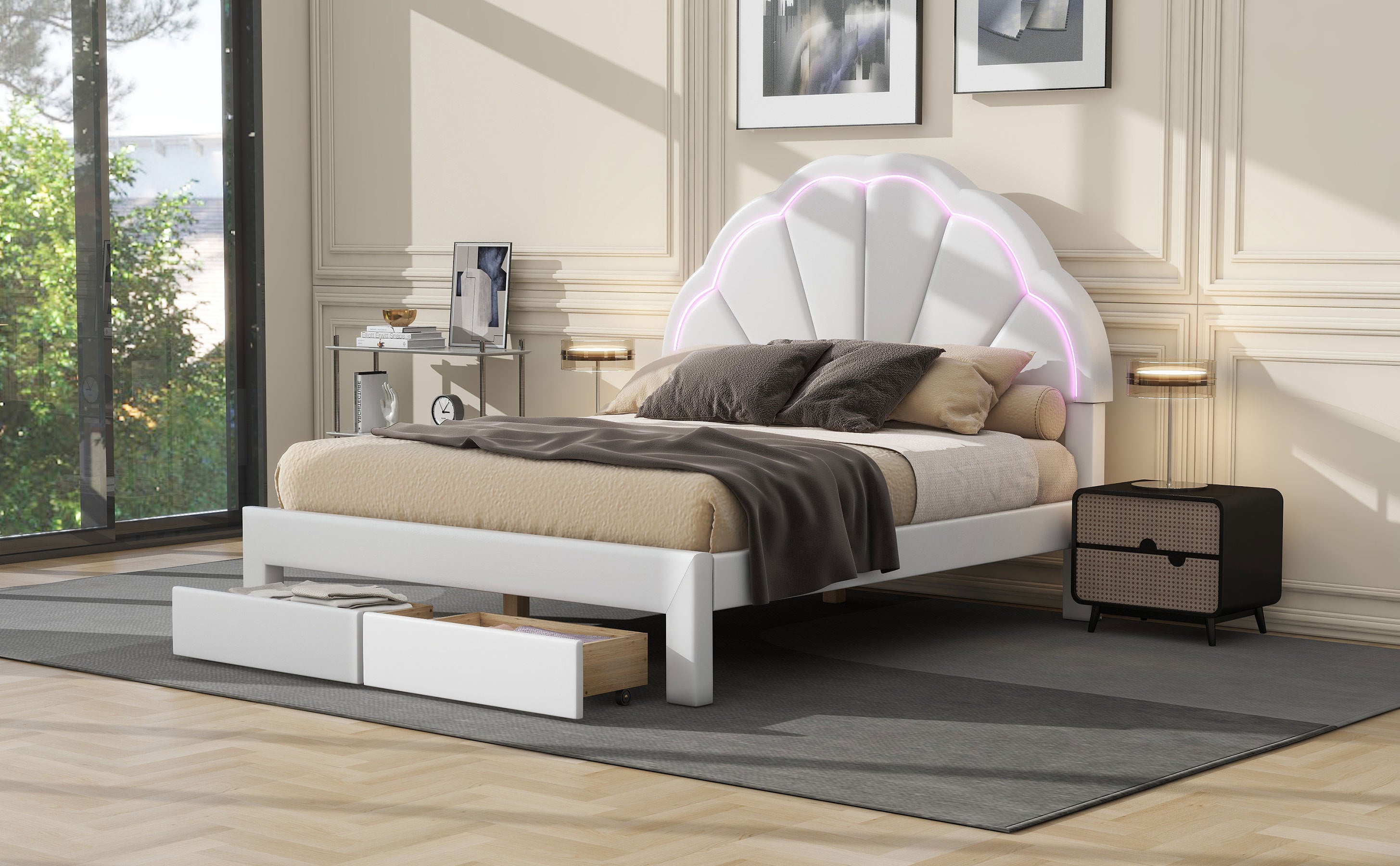 Full Size Upholstered Platform Bed with Seashell Shaped Headboard, LED and 2 Drawers, White