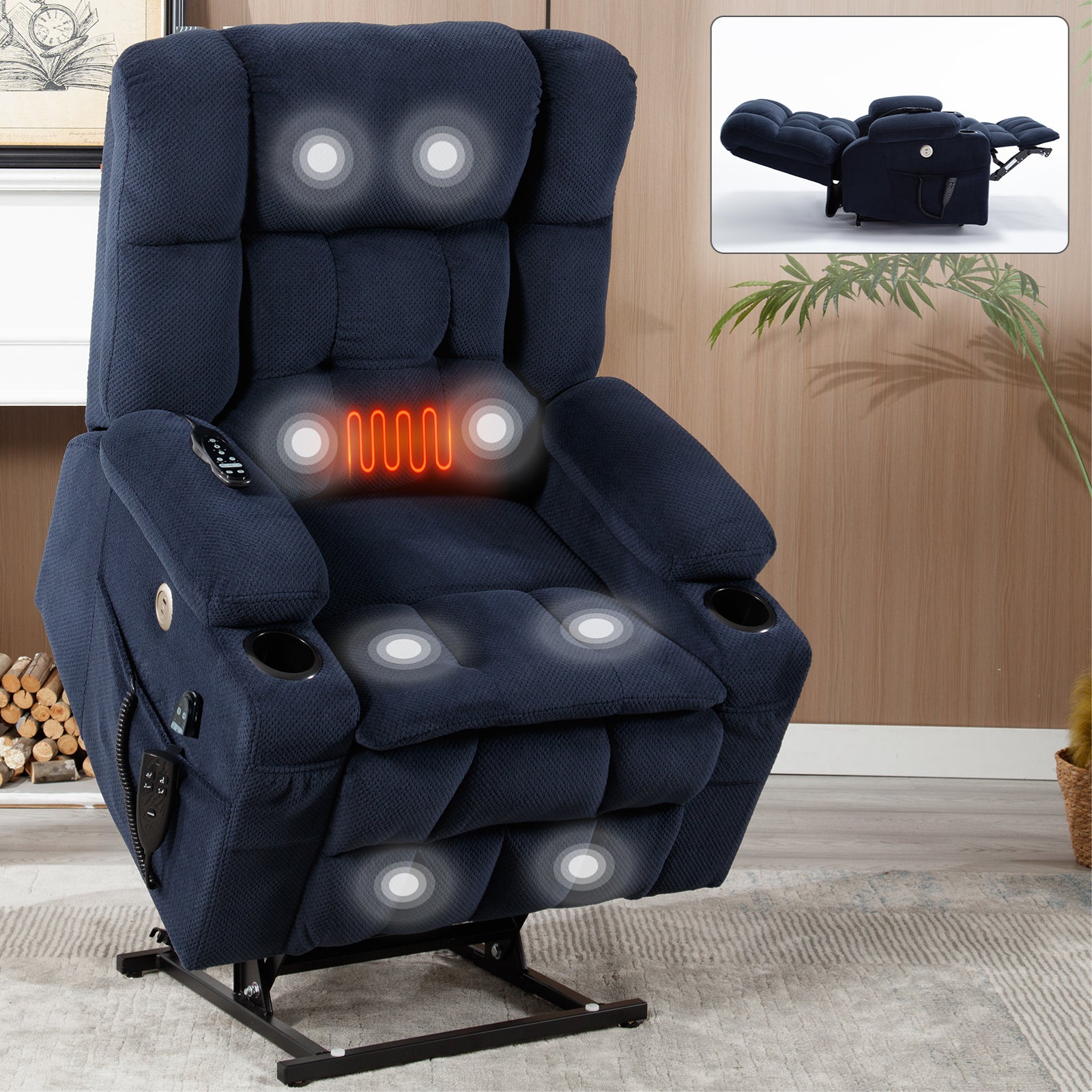 Blue Dual Motor Infinite Position Up to 350 LBS Chenille Power Lift Recliner Chair, Heavy Duty Motion Mechanism with 8-Point Vibration Massage and Lumbar Heating, Dual Cup Holders