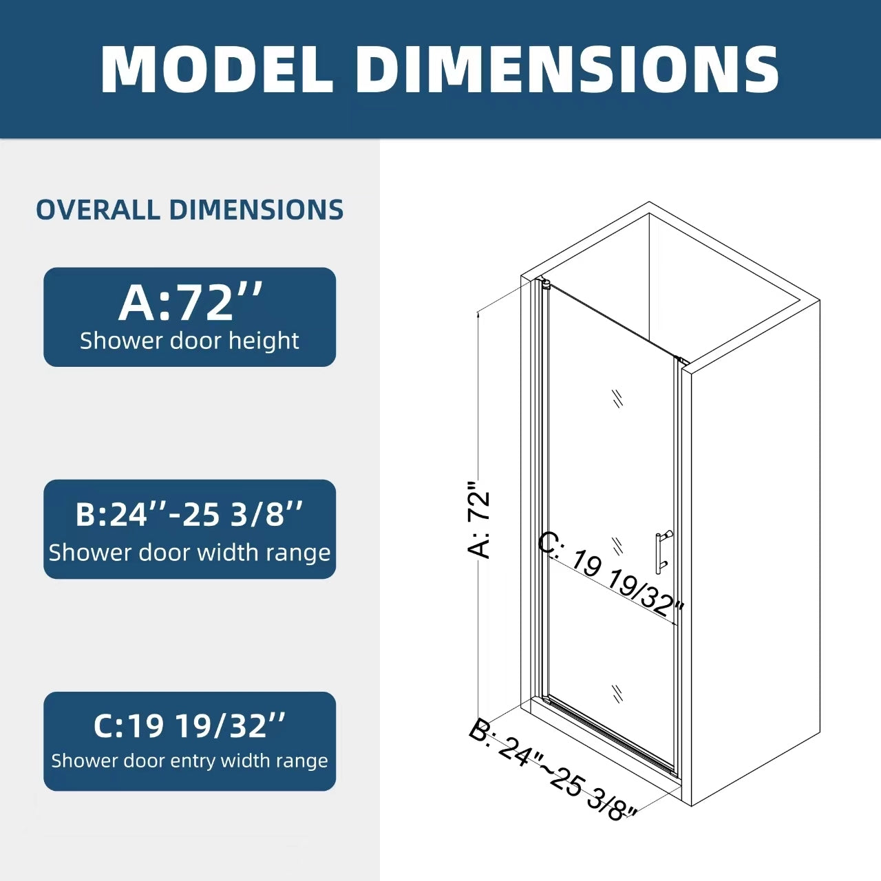 2472 Pivot Shower Door: 24"W x 72"H, Polished Chrome, 1/4" Tempered Glass