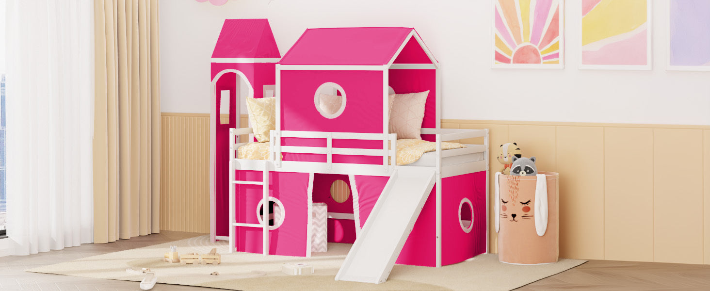 Twin Size Loft  Bed with Slide Pink Tent and Tower - Pink (OLD SKU:WF298769AAH)