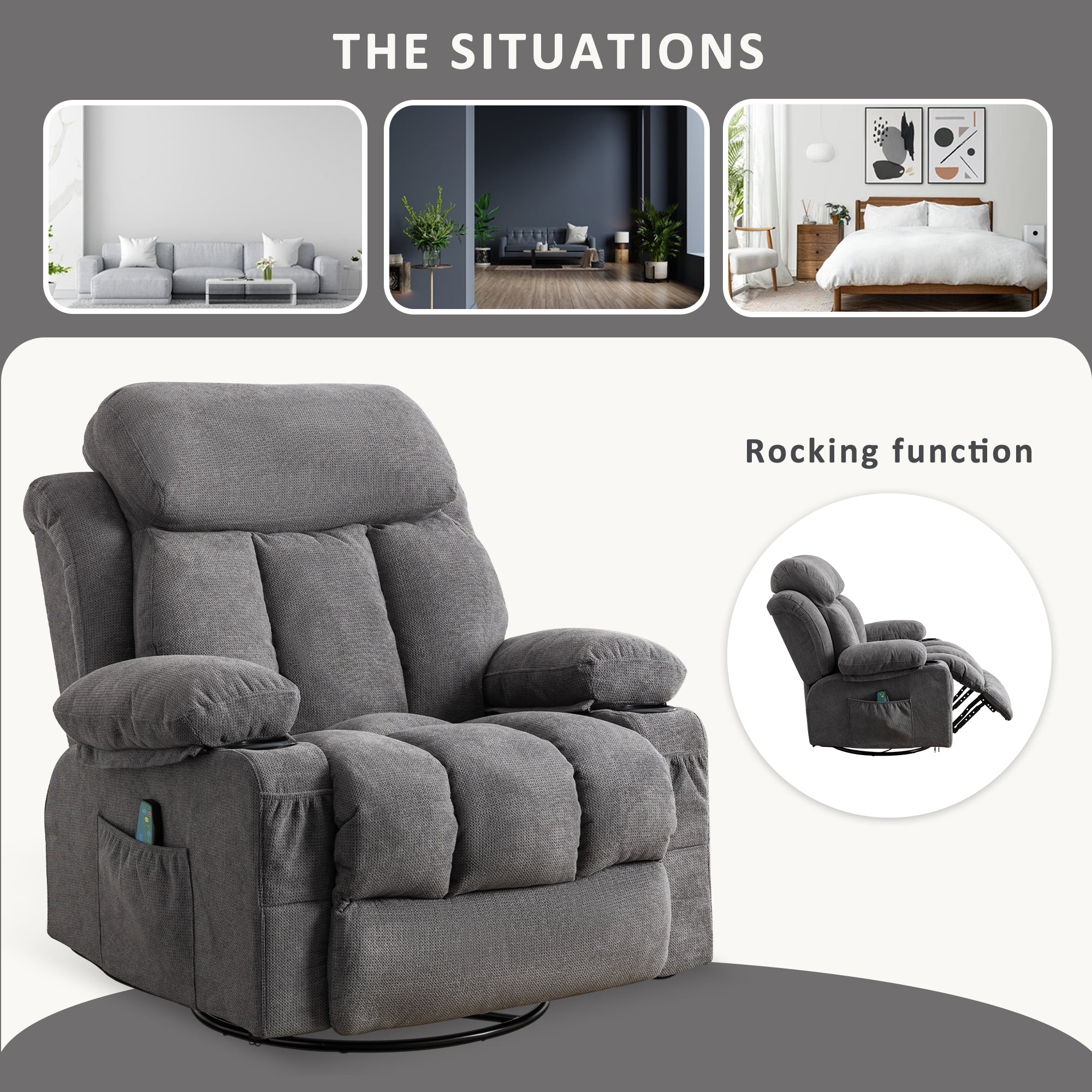 Vanbow.Swinging recliner massage heated sofa, with USB and 2 cup holders in side pockets, PackageA+B (gray fabric )